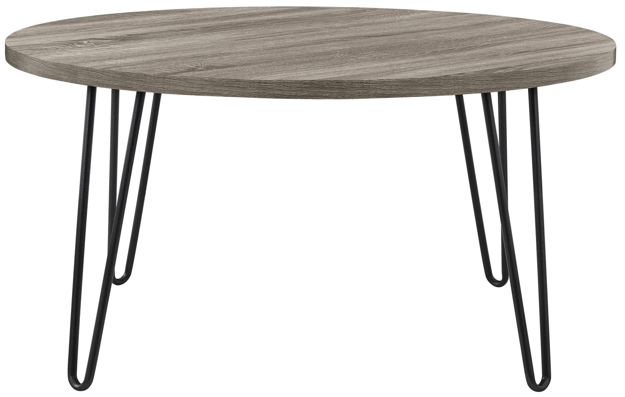loft24 Couchtisch Owen, Wohnzimmertisch rund, Holzoptik, Metallbeine Hairpin-Design, modern