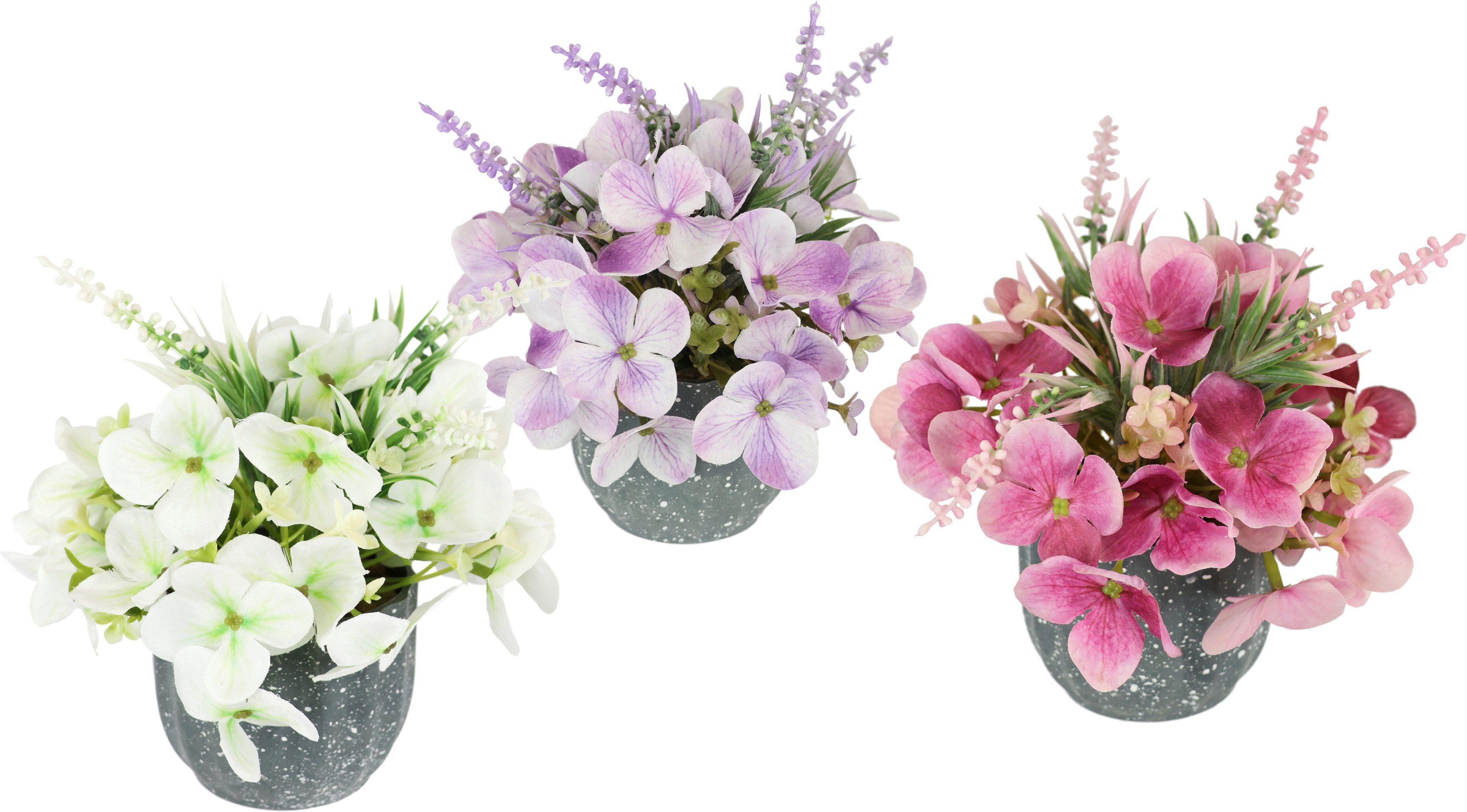 Kunstblume Kunstblumen-Arrangement Hortensien im Topf 3er Set Hortensie, I.GE.A., Höhe 17 cm, 17cm Kunstpflanze Deko künstliche Blumen Deko Pflanzen