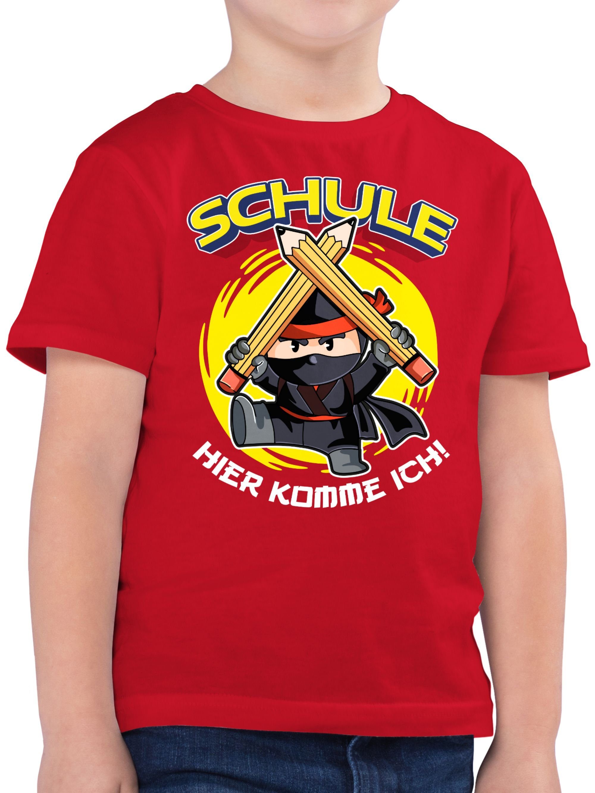Schulanfang Schule ich! Shirtracer Junge Hier T-Shirt 02 Ninja komme Geschenke Einschulung Rot