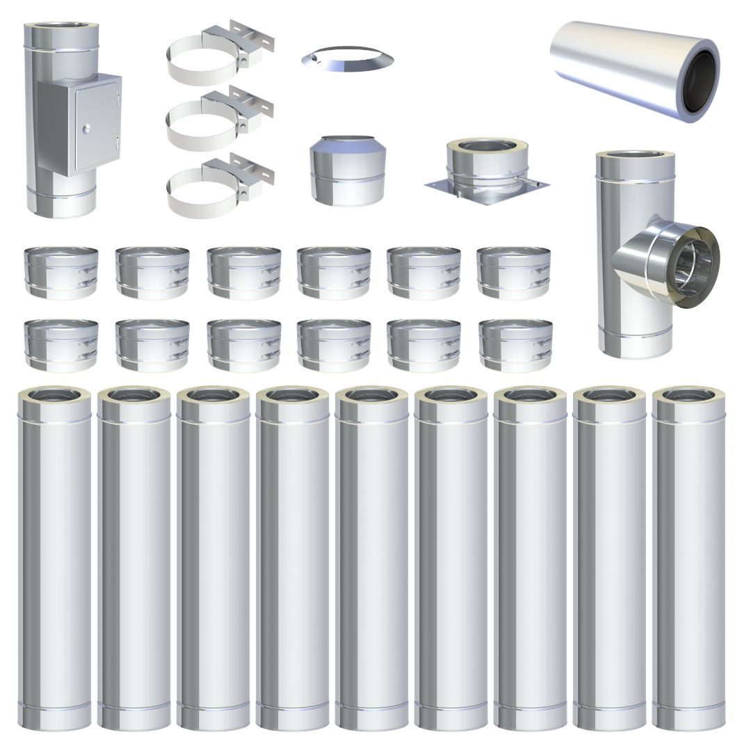 Jeremias Schornstein Ø80mm 9 m DW FU Doppelwandiges Schornstein Set Bodenmontage Hochglanz, Ø 80 mm