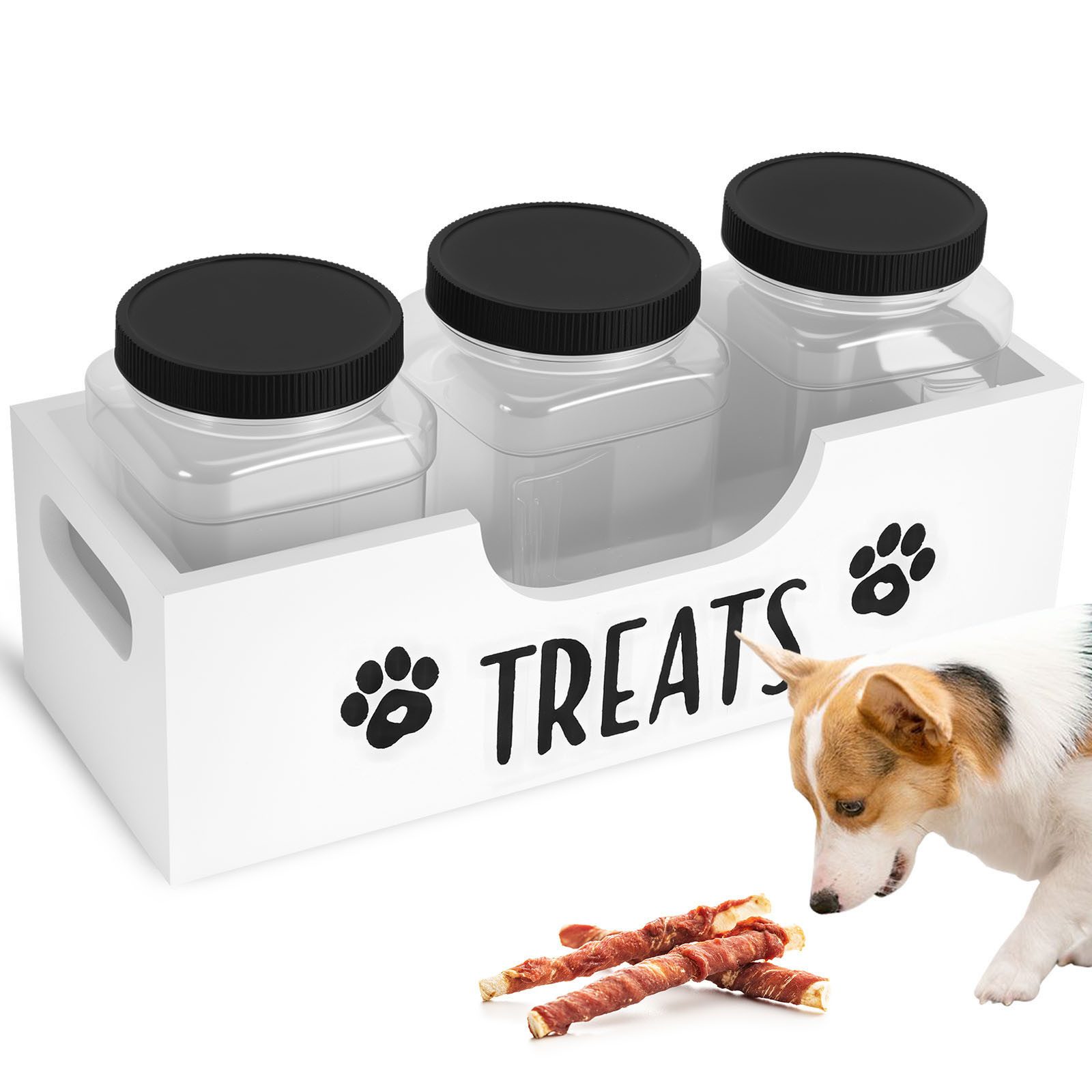 BlingBin Futterbehälter Aufbewahrungsbox für Leckerlis für Haustiere – 3 Dosen – weiß, Holz, ABS, (Vorratsdose, 1-tlg., 1 x Aufbewahrungsbox aus Holz, 3 x Aufbewahrungsbehälter mit Deckel), Haustierbehälter, Leckerli-Glas, Holz-Haustierbehälter, rustikal