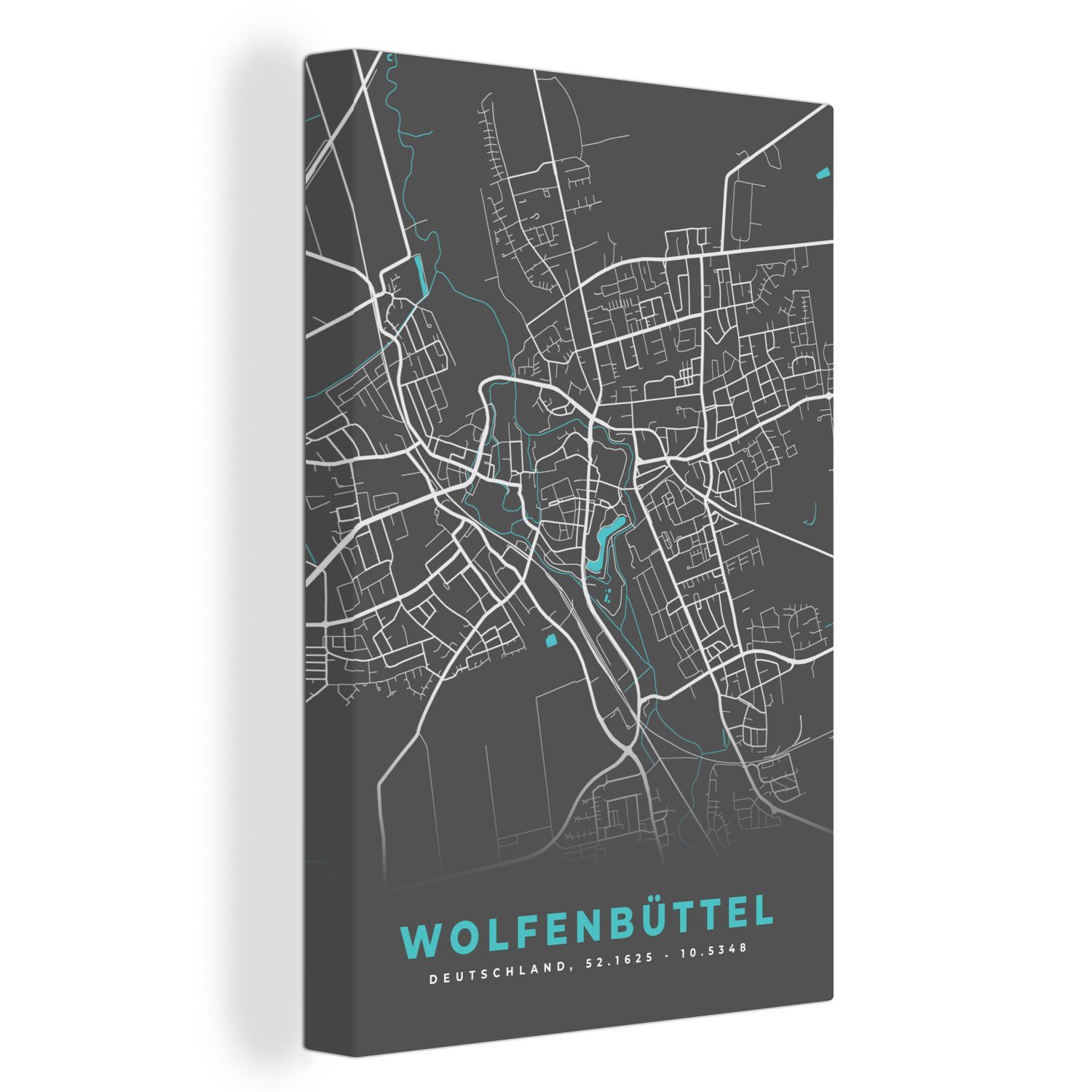 OneMillionCanvasses® Leinwandbild Stadtplan - Deutschland - Blau - Wolfenbüttel - Karte, (1 St), Leinwandbild fertig bespannt inkl. Zackenaufhänger, Gemälde, 20x30 cm