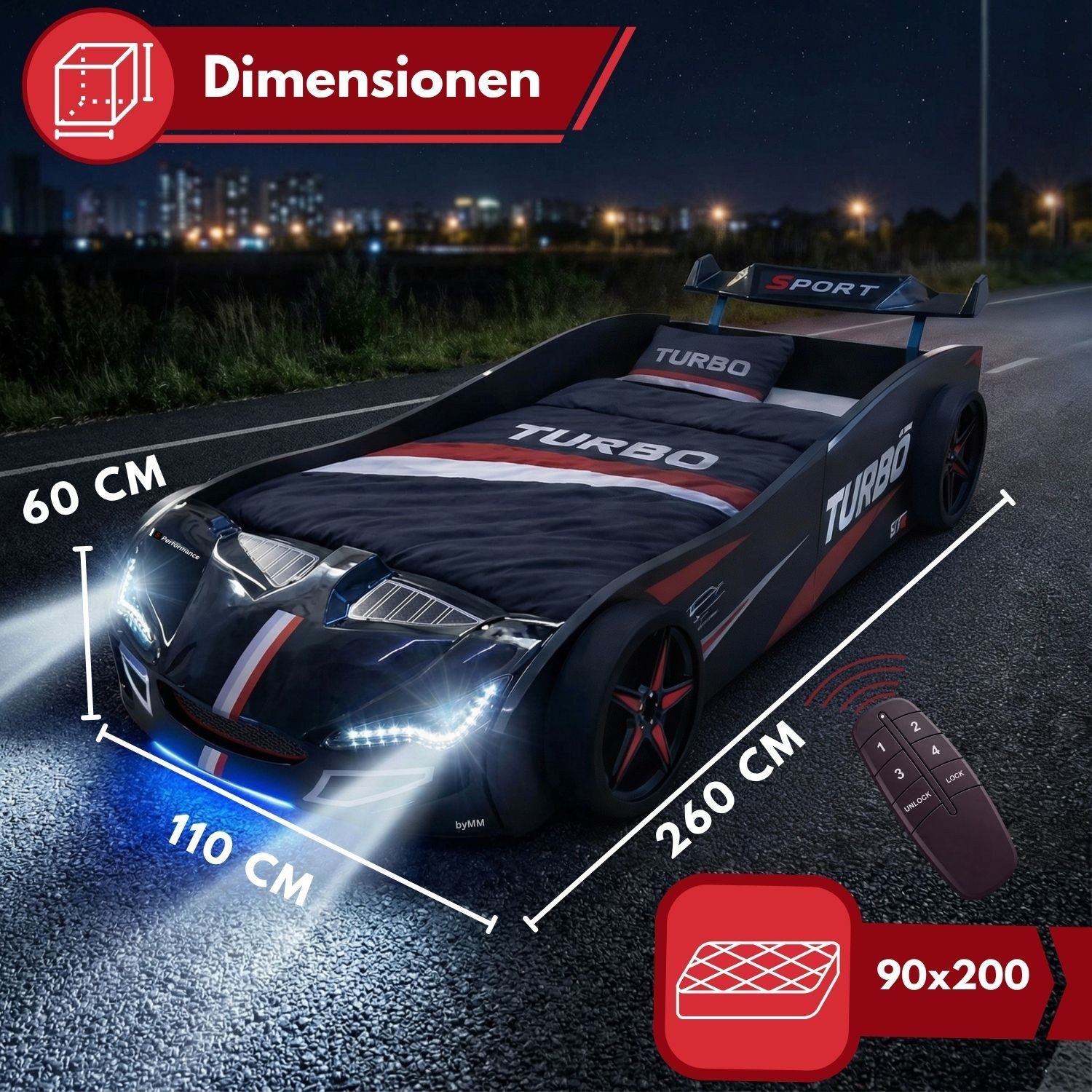Coemo Autobett GTE (1-tlg., Komplett-Set Bett und Lattenrost), Schwarz Autobett Rennwagen GTE mit Lattenrost Licht Motorgeräusche