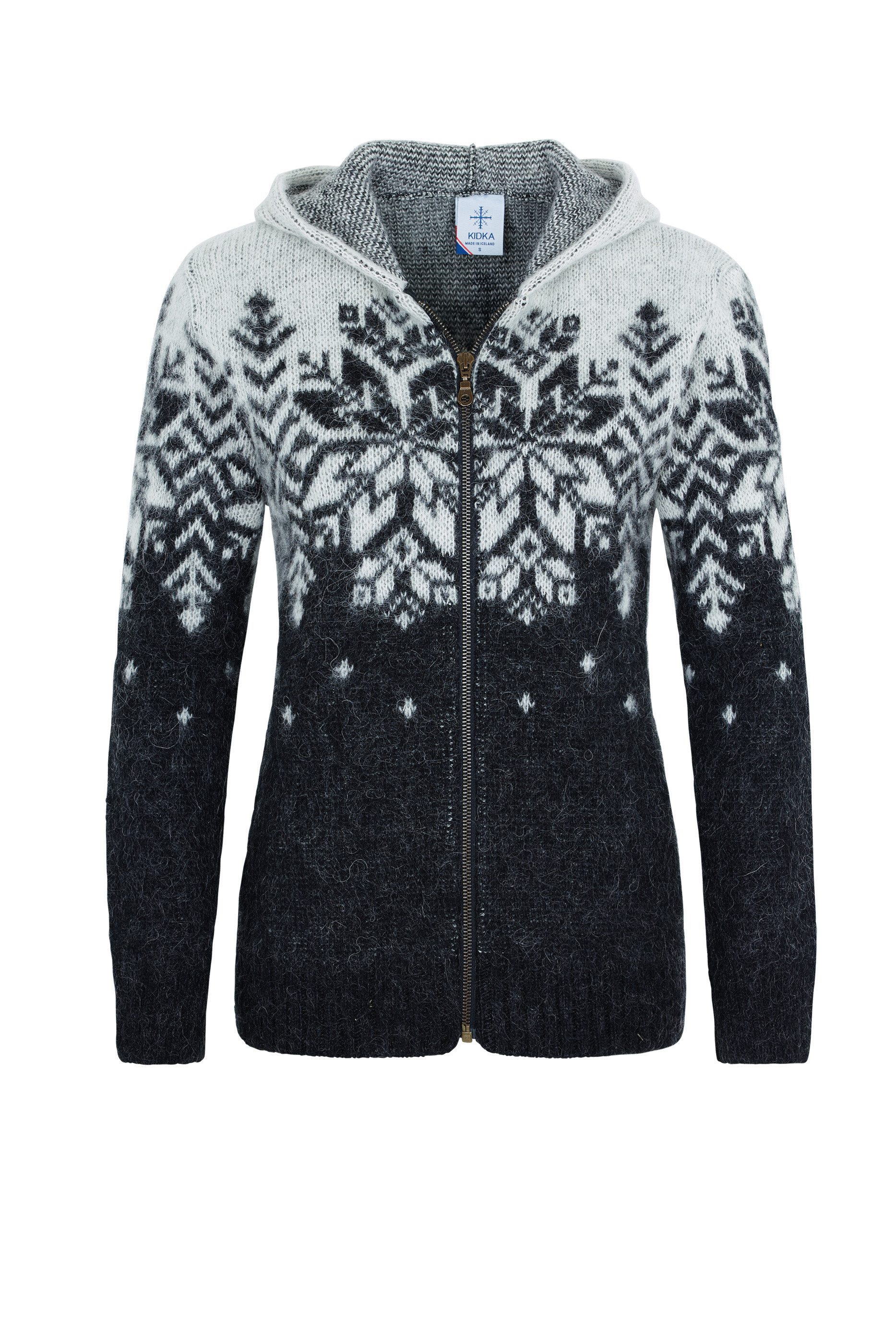 KIDKA Kapuzenstrickjacke Isländische Strickjacke für Damen / Herren - Farbe Schwarz-Kombi - aus rauer isländischer Wolle