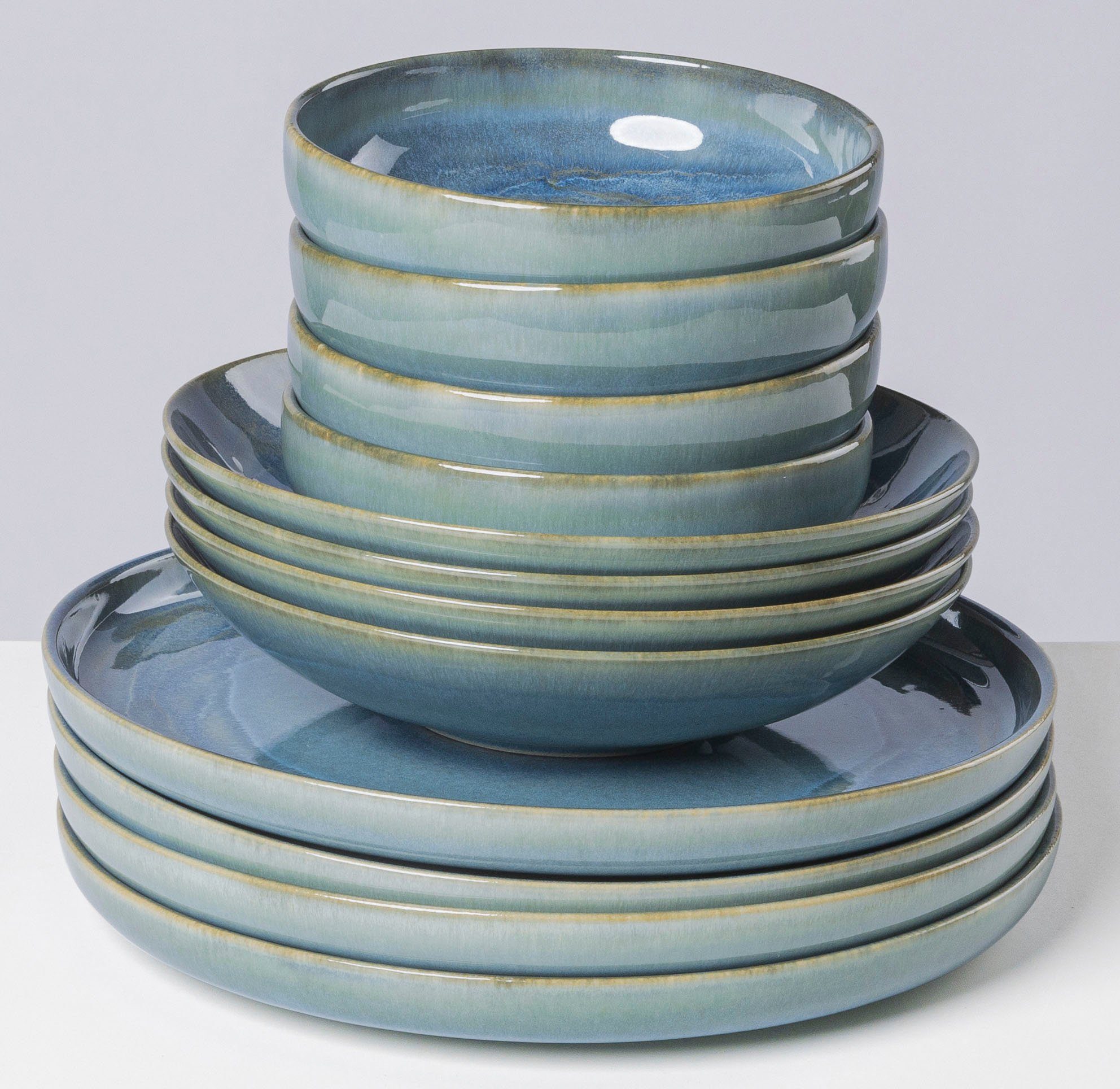 Gipfelstück Tafelservice Teller Set, Geschirr-Set, Service Tiefer See (12-tlg), 4 Personen, Steinzeug, Scandi-Style, jedes Stück ein Unikat, 12 Teile, für 4 Personen