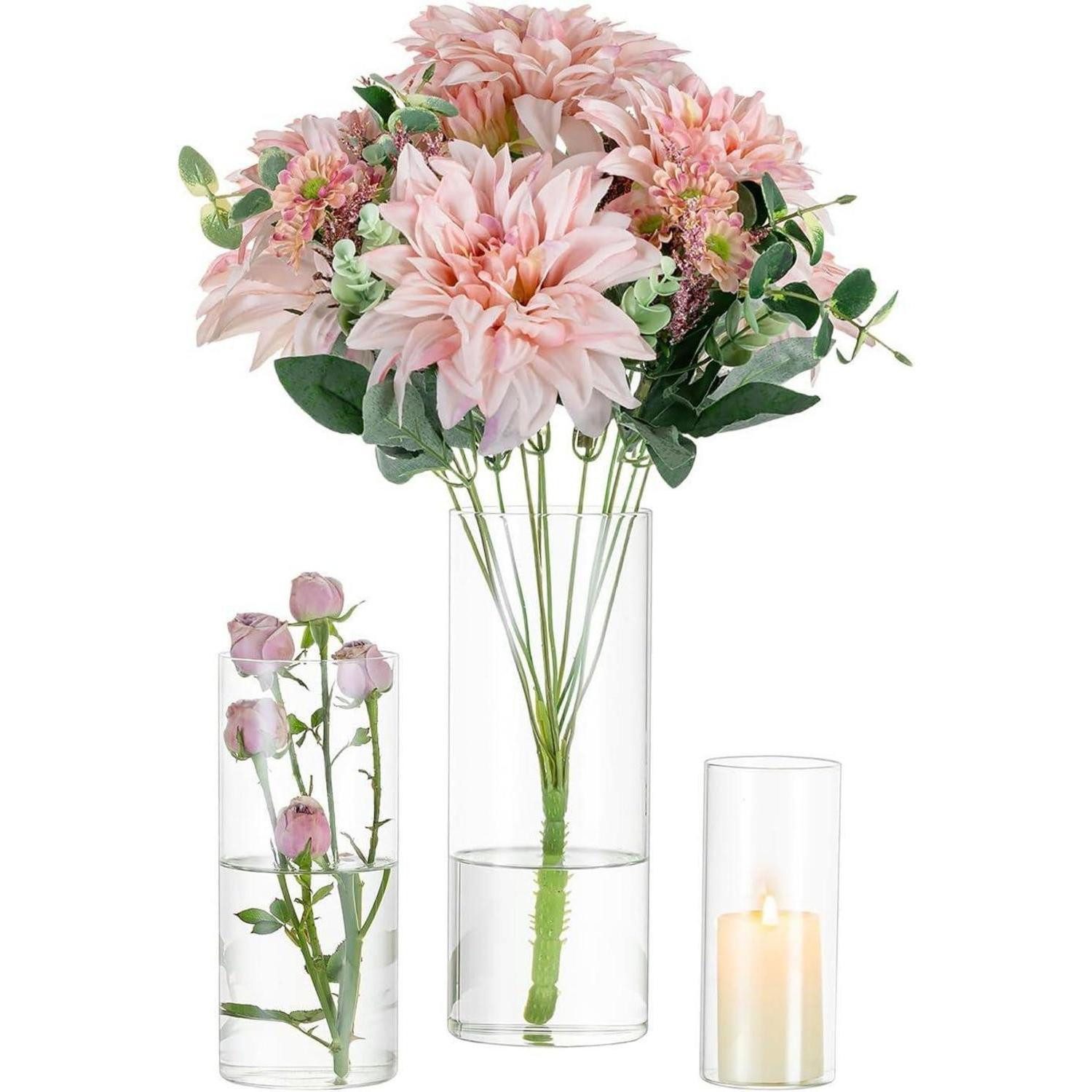 LuxusKollektion Tischvase Deko Glasvase Zylinder Blumenvase Set 3 Stück Modern Rund Tischvase