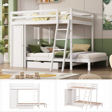 MODFU Etagenbett mit Kleiderschrank, mit Schublade,Kinderbett mit Fallschutz und Gitter (Holzbett, Rahmen aus Kiefer 90x200cm), ohne Matratze