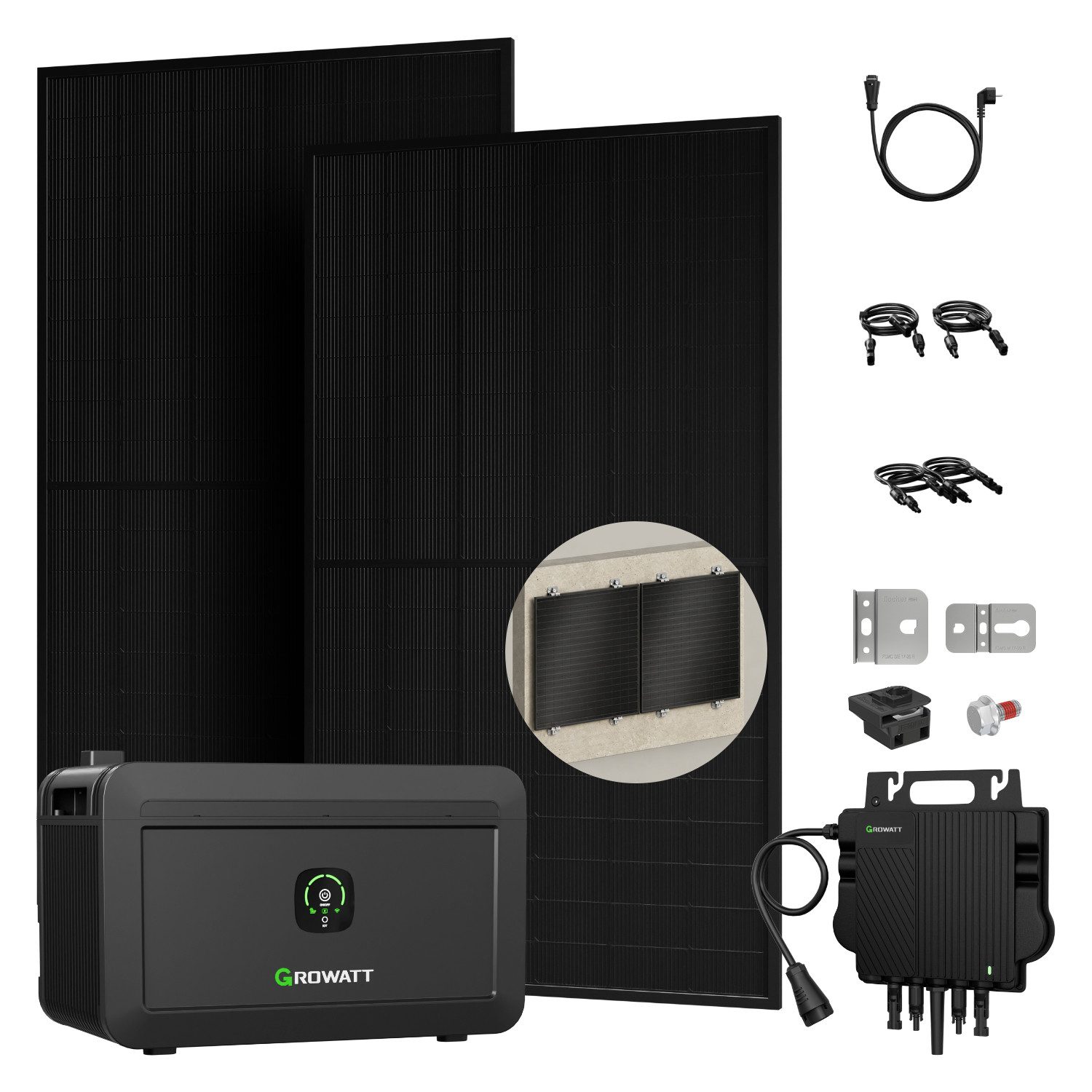 Growatt Balkonkraftwerk 1000W PV-Komplettset mit Growatt NOAH 2000 Speicher 2048Wh, (inkl. Growatt NEO 800W Mikrowechselrichter, 2×500W Solarmodulen, mit Fischer Fassadenhalterung für Fassadenmontage), Fernüberwachung und -steuerung über App