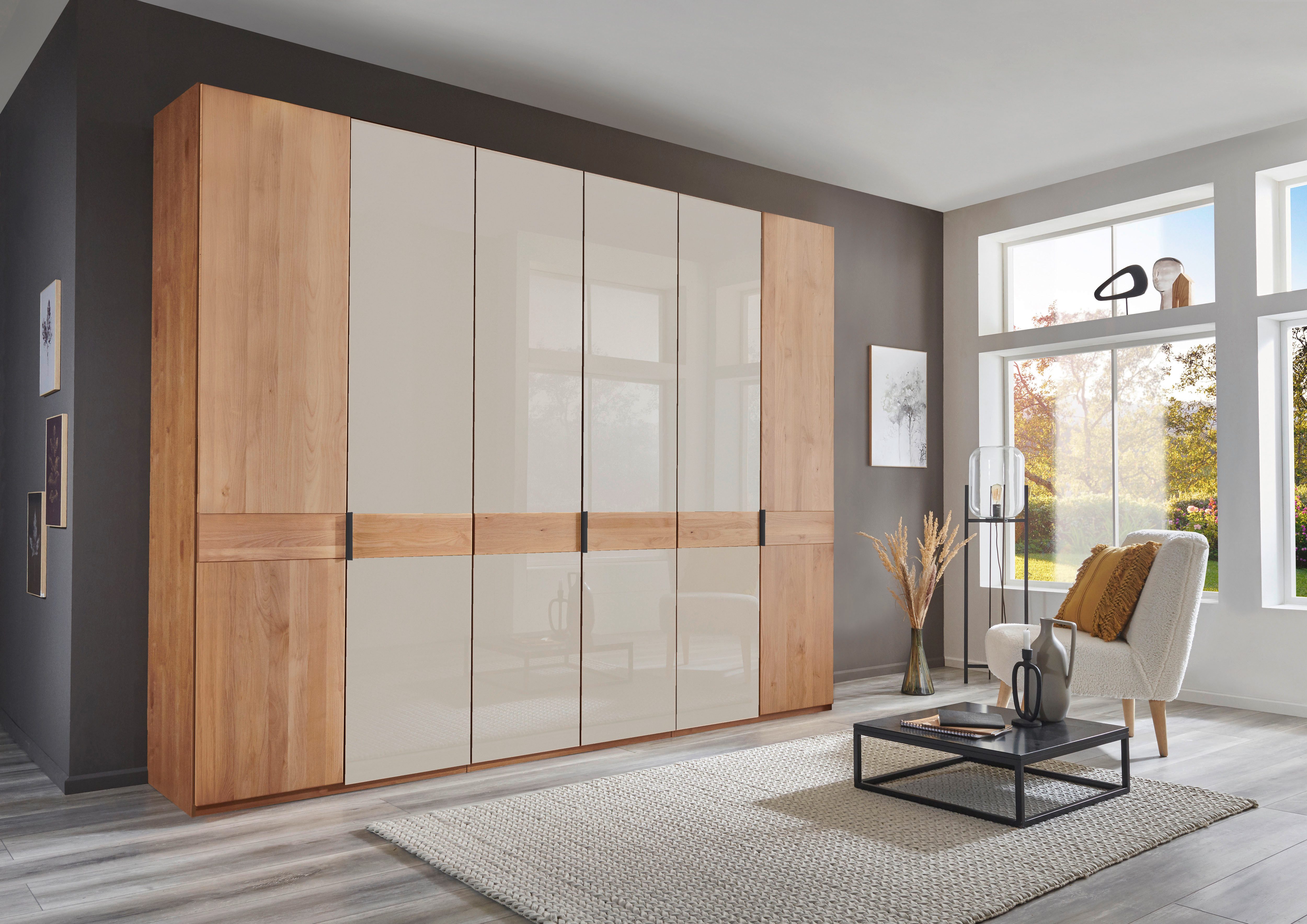 WIEMANN Kleiderschrank Cardiff, Massivholztüren in Kombination mit Glas- oder Spiegeltüren (4 Breiten, 2 Höhen 216/236cm auswählbar) hochwertiges Design in langlebiger Qualität, viel Stauraum