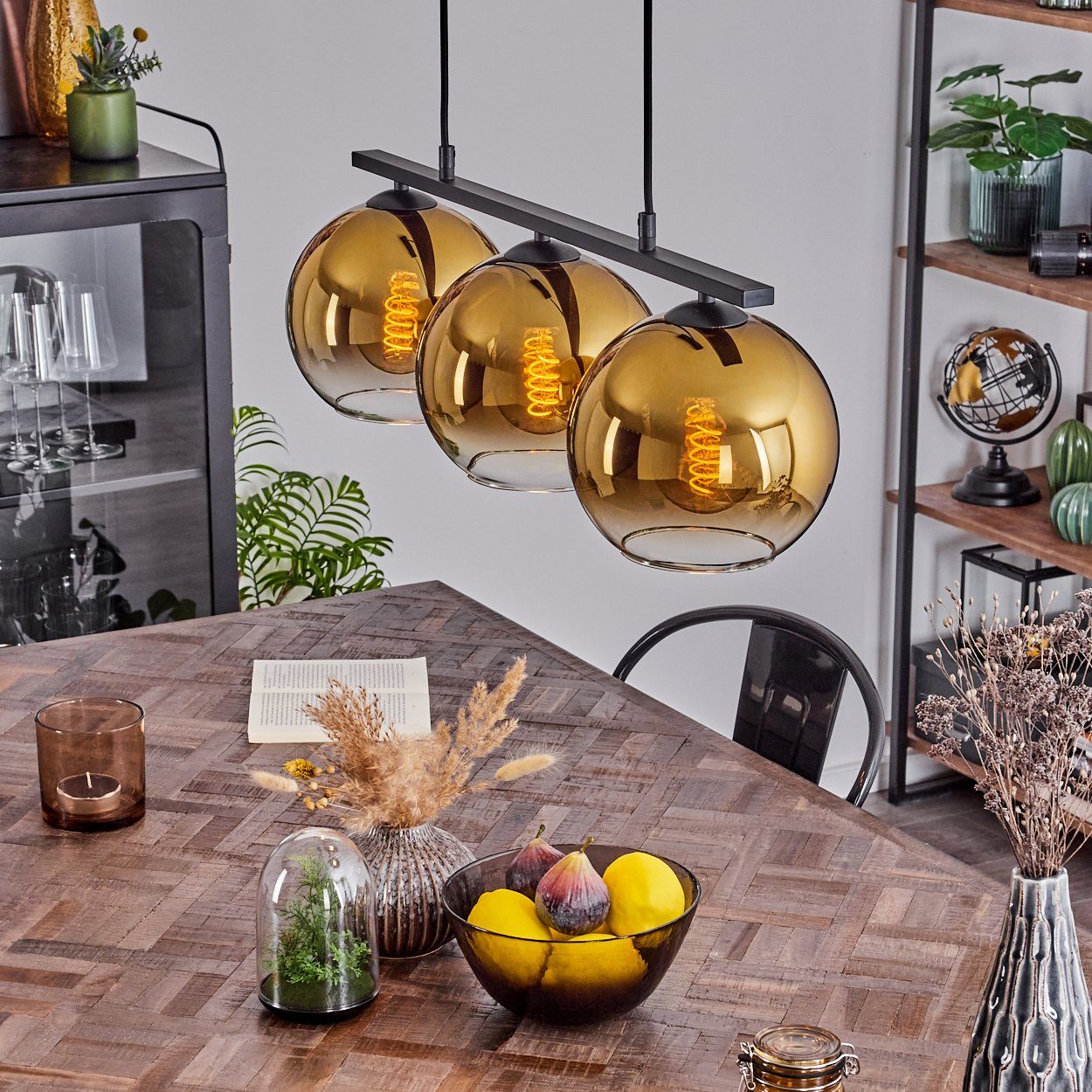 hofstein Pendelleuchte Hängelampe aus Metall/Glas in Schwarz/Goldfarben ...