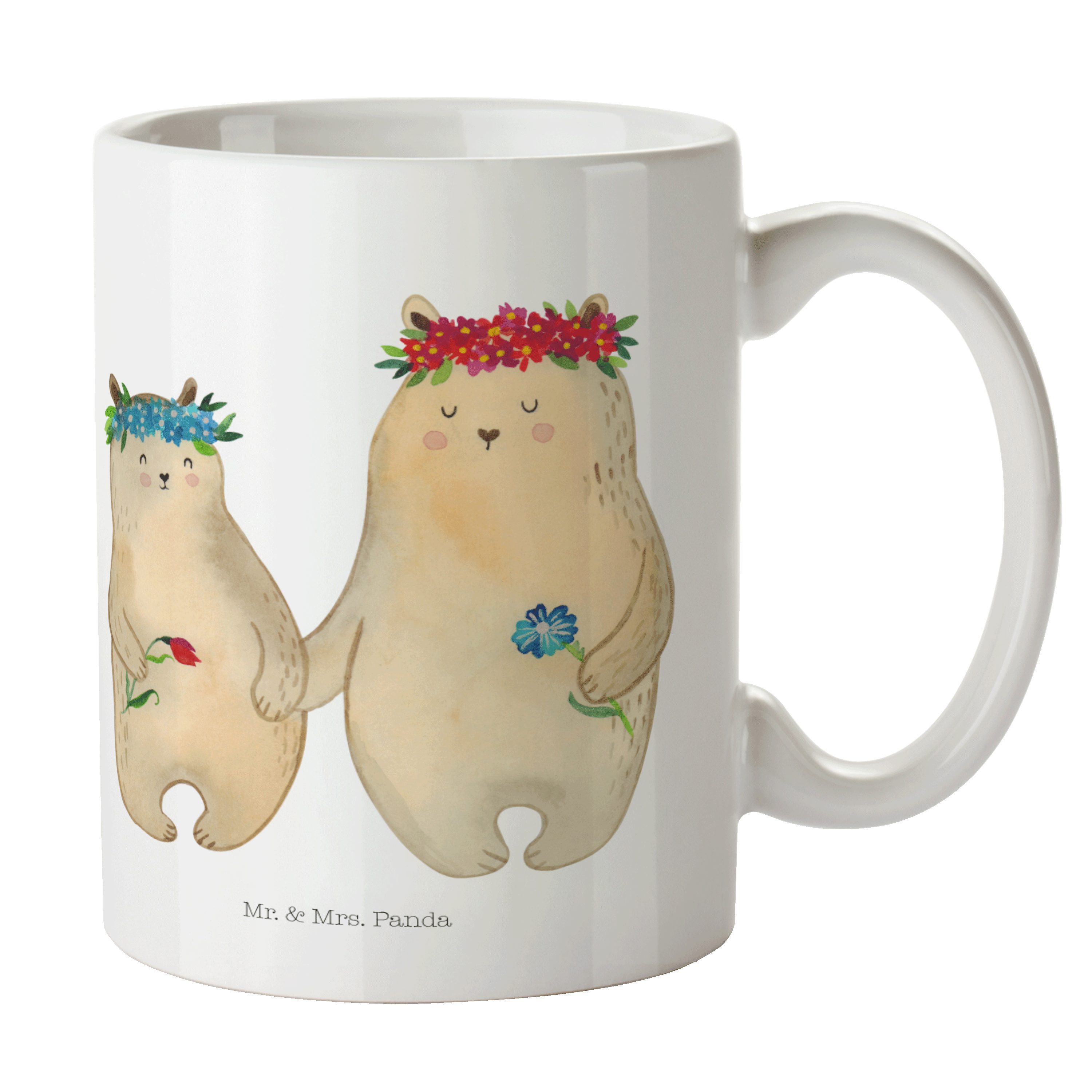 Mr. & Mrs. Panda Tasse Bären mit Blumenkranz - Weiß - Geschenk, Tasse Motive, Mutti, Tasse, Keramik