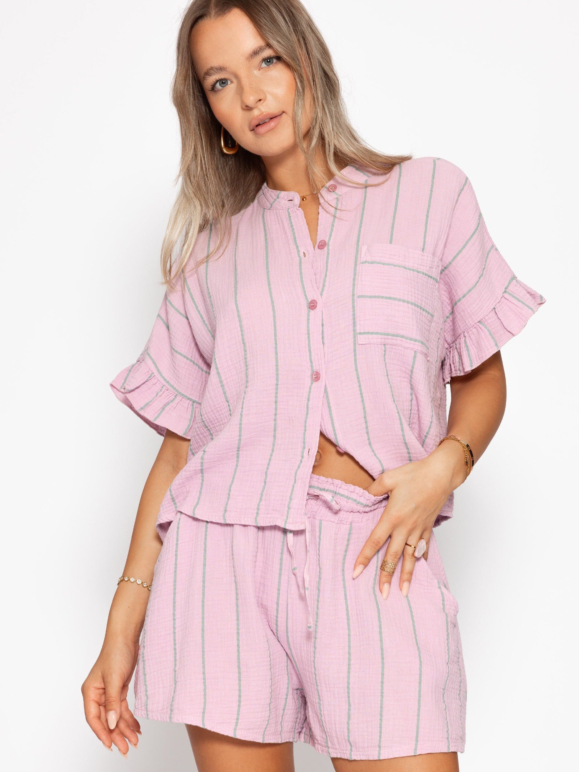 Langarmbluse Gestreifte Musselin Bluse mit Volants Damen