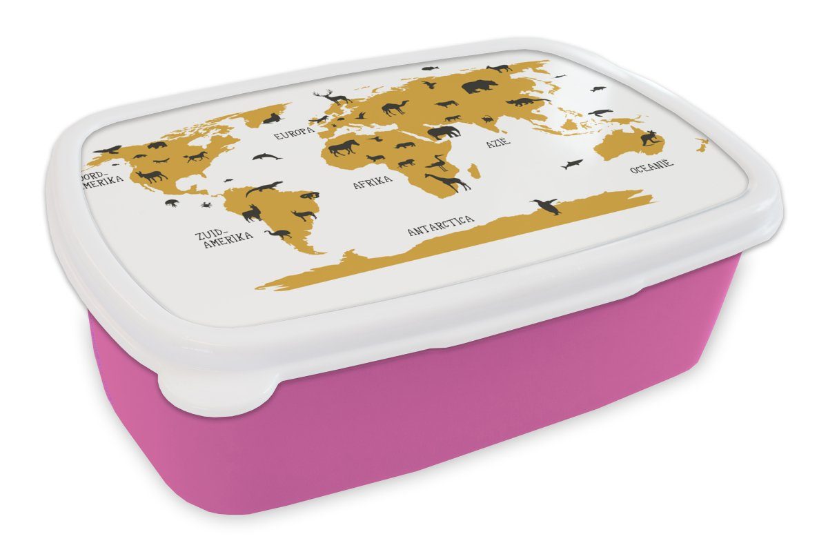 MuchoWow Lunchbox Weltkarte - Kinder - Gold - Tiere - Kind, Kunststoff, (2-tlg), Brotbox für Erwachsene, Brotdose Kinder, Snackbox, Mädchen, Kunststoff rosa
