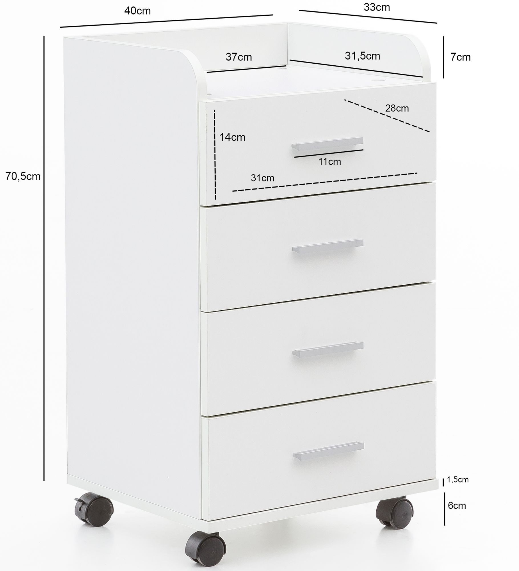 FINEBUY Rollcontainer 70,5 cm Standcontainer Bürocontainer mit Rollen Modern SuVa13589_1, (Schreibtischcontainer 40x70,5x33 cm Weiß), Rollschrank 4 Schubladen, Bürocontainer mit Rollen