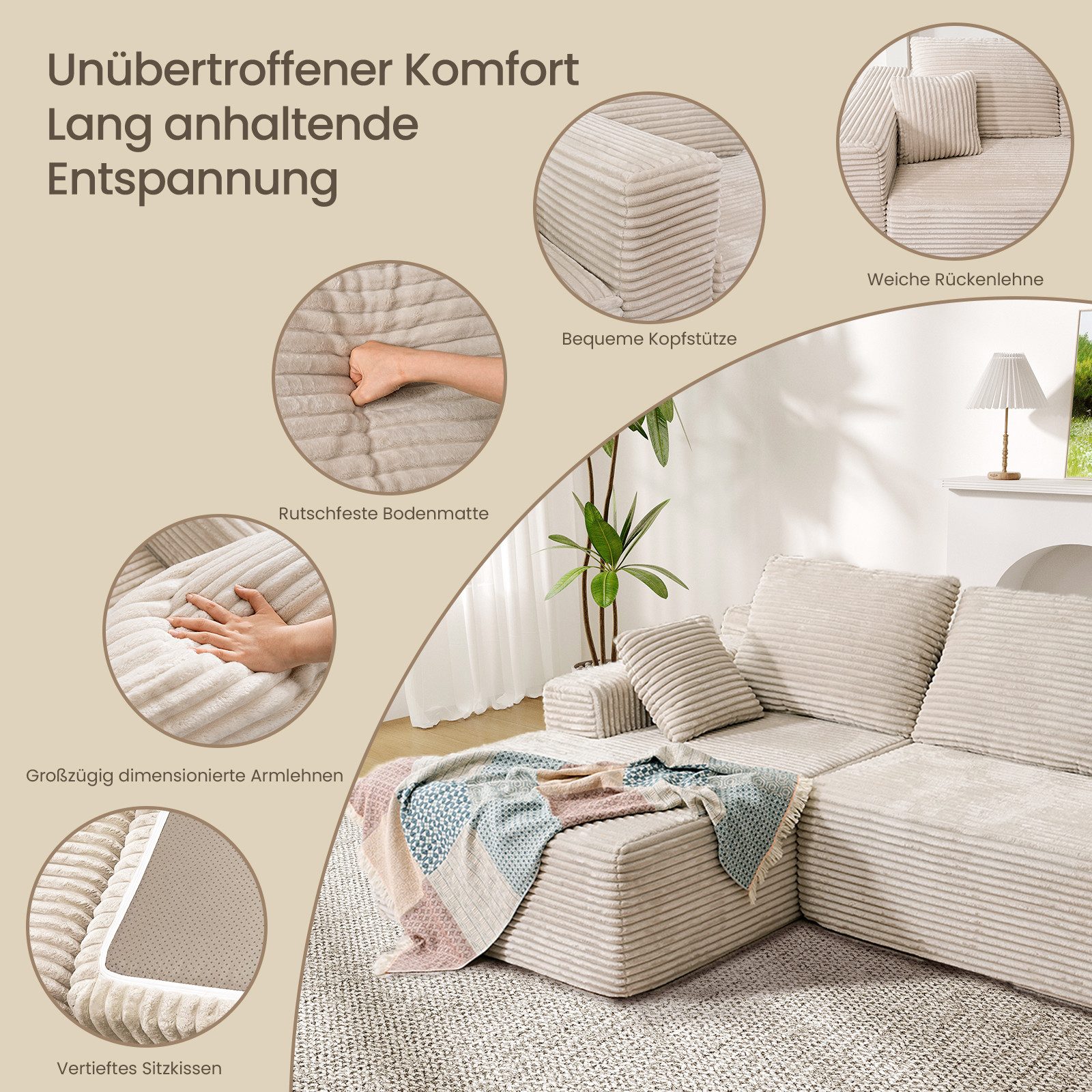 Patbrela Ecksofa Couch L-Form,Sofa Links Samtstoff Vierersofa mit Liegefläche