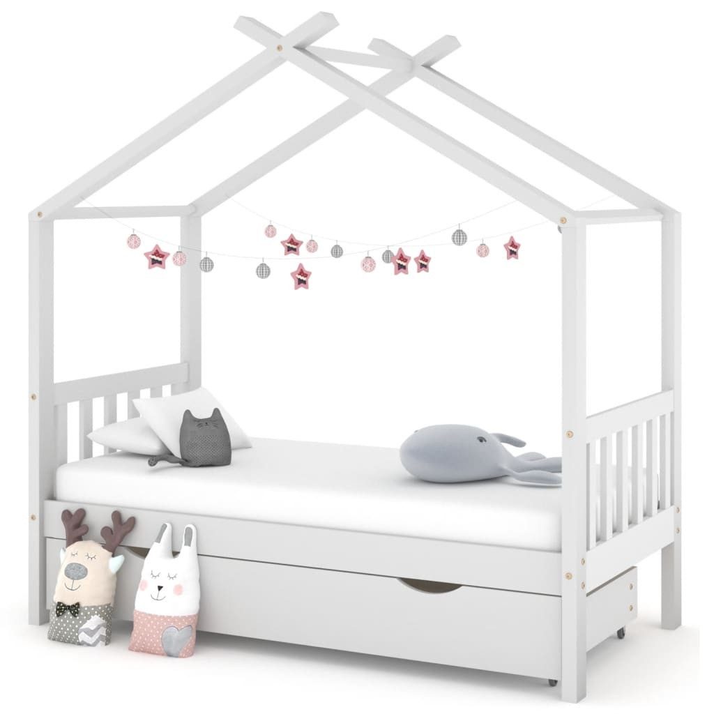 Kinderbett Kinderbett Himmelbett mit Schublade Weiß Massivholz Kiefer 80x160 cm