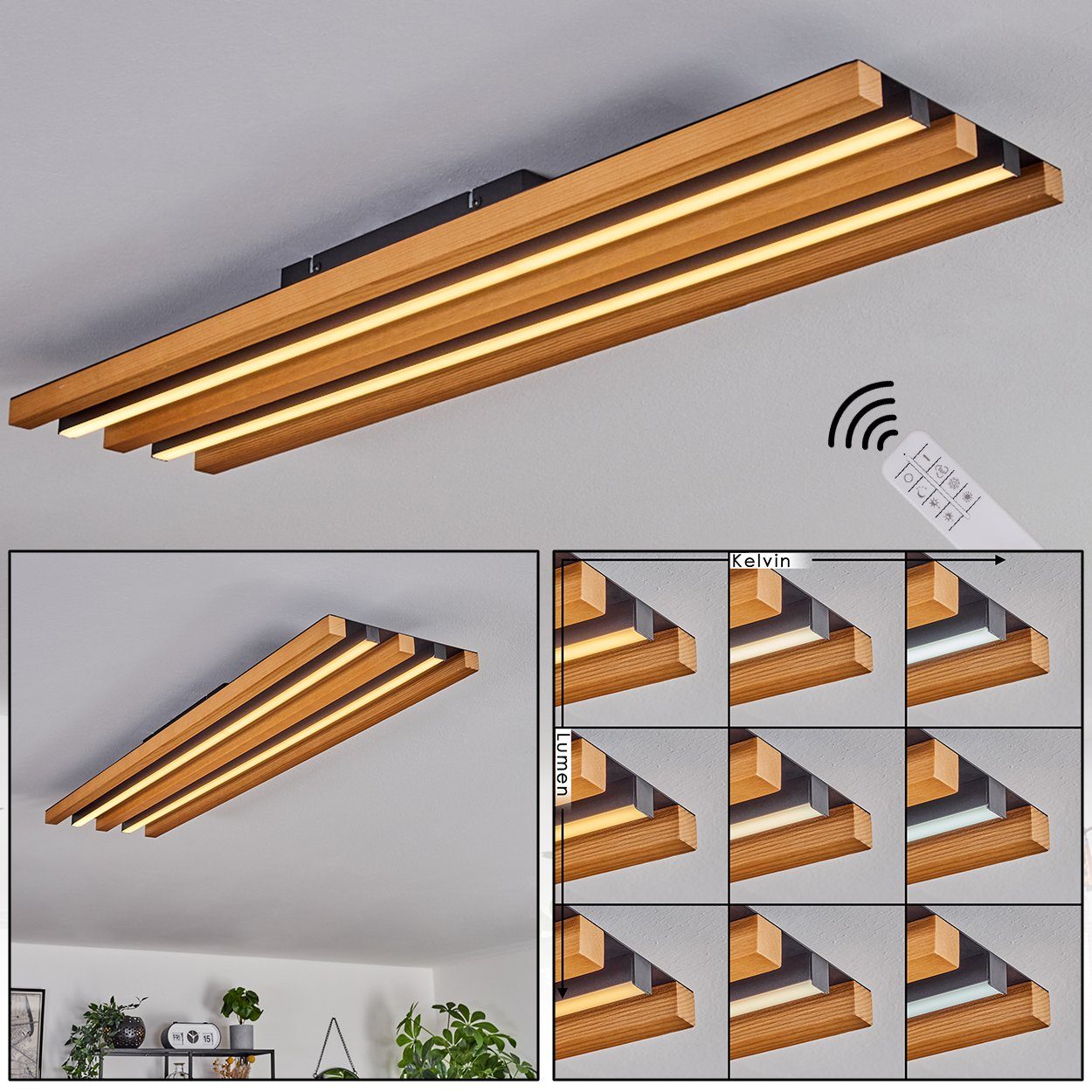 hofstein Deckenleuchte dimmbare Deckenlampe aus Metall/Holz/Kunststoff in Schwarz/Natur/Weiß, LED wechselbar, 2700 - 6500 Kelvin, 30 Watt, 3500 Lumen, dimmbar/Lichtfarbe änderbar über Lichtschalter