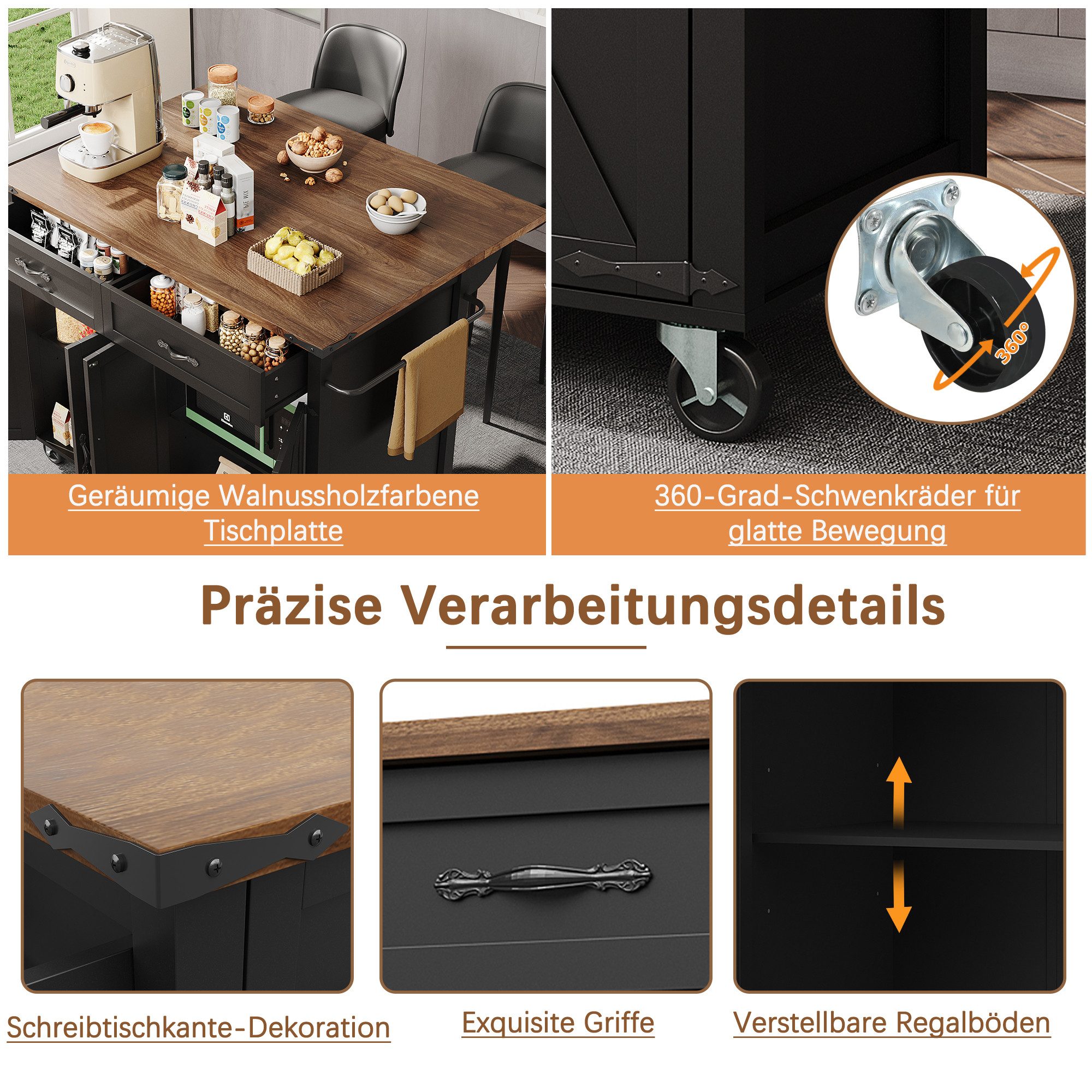 Odikalo Kücheninsel Servierwagen Küchenwagen Buffetschrank Essschrank Speisewagen Schwarz