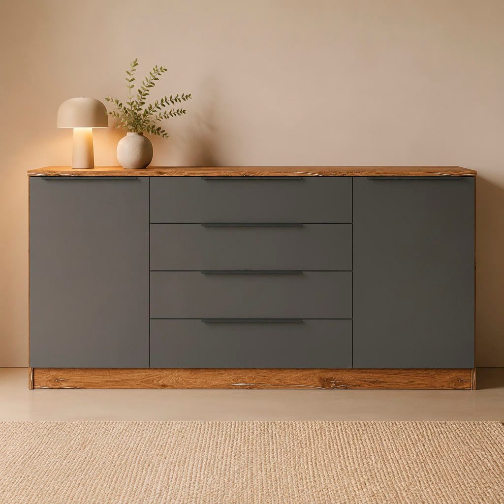 borchardt Möbel Sideboard Tom, moderne Kommode mit dunklen Metallgriffen, 166cm, 2 Türen 4 Schubfächer, variable Einlegeböden, viel Stauraum