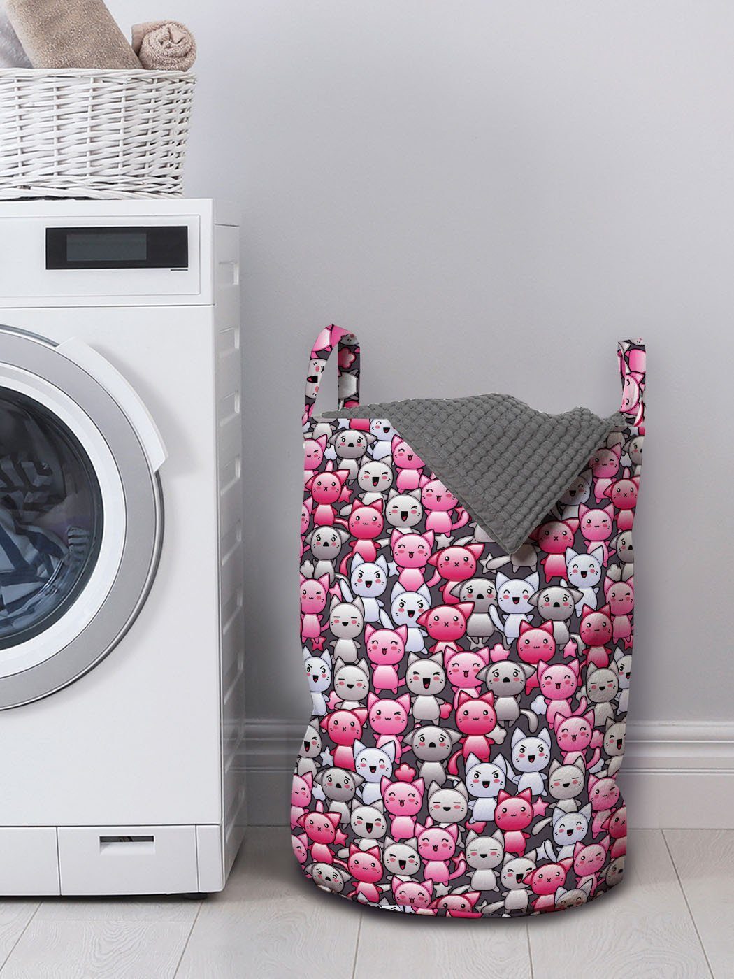 Abakuhaus Wäschesäckchen Wäschekorb Humor Waschsalons, Doodle Kawaii Griffen Kordelzugverschluss Katze mit für