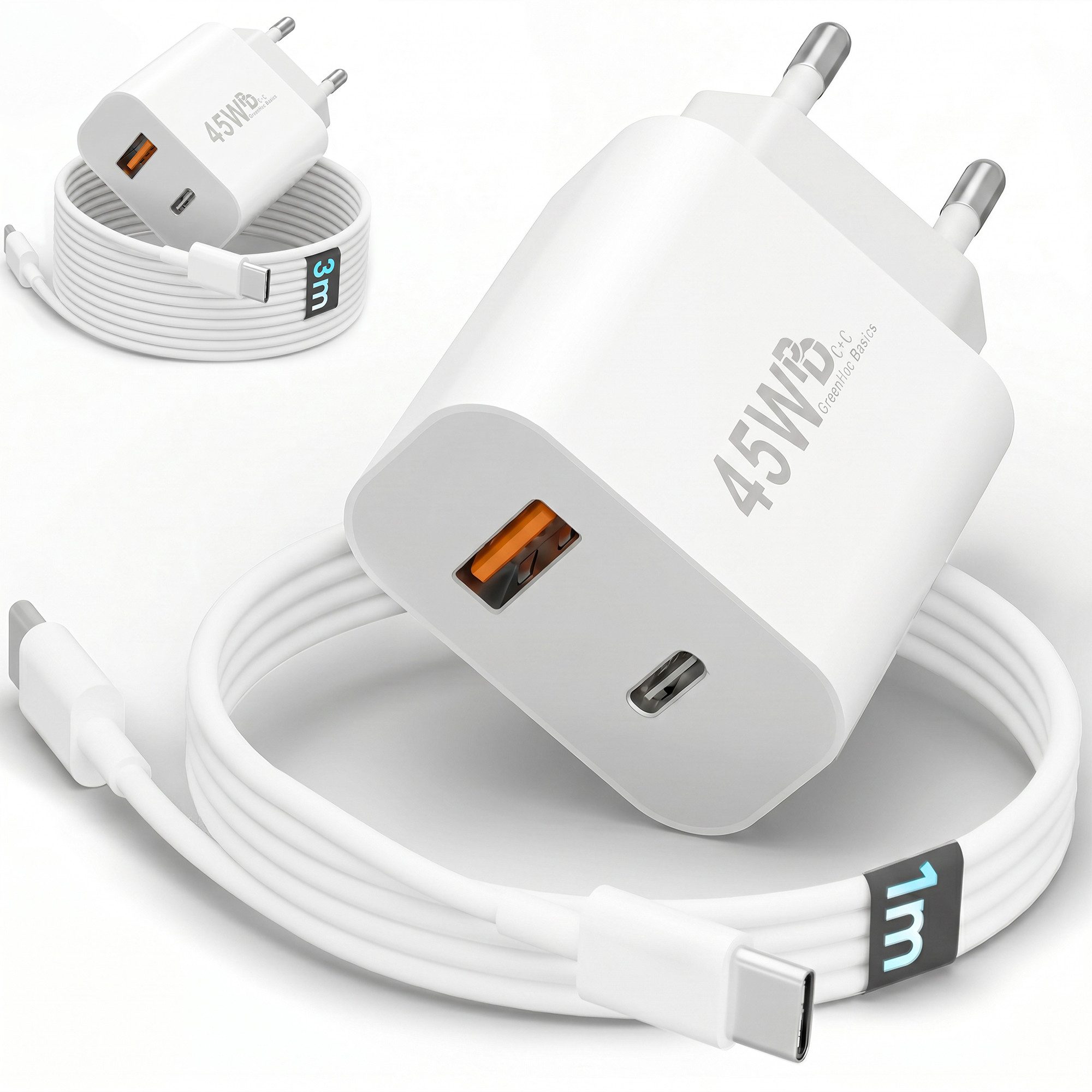 GreenHec 45w Schnellladegerät USB C Charger für Samsung S25 S24 S23 iPhone Schnelllade-Gerät (Spar-Set, 45w USB-C + USB-A Dual Charger + 1m Kabel, Netzteil Stecker Adapter Tablet Handy Google Dual Doppel Ladegerät)