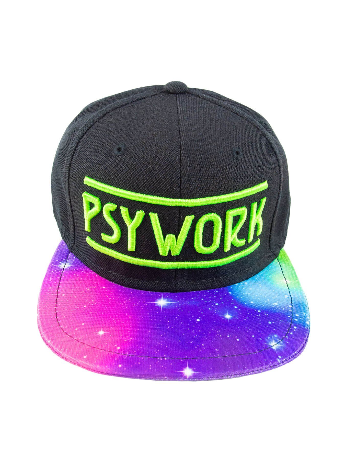 PSYWORK Snapback Cap Schwarzlicht Black Cap Neon "Psychedelic Universe", Grün UV-aktiv, leuchtet unter Schwarzlicht