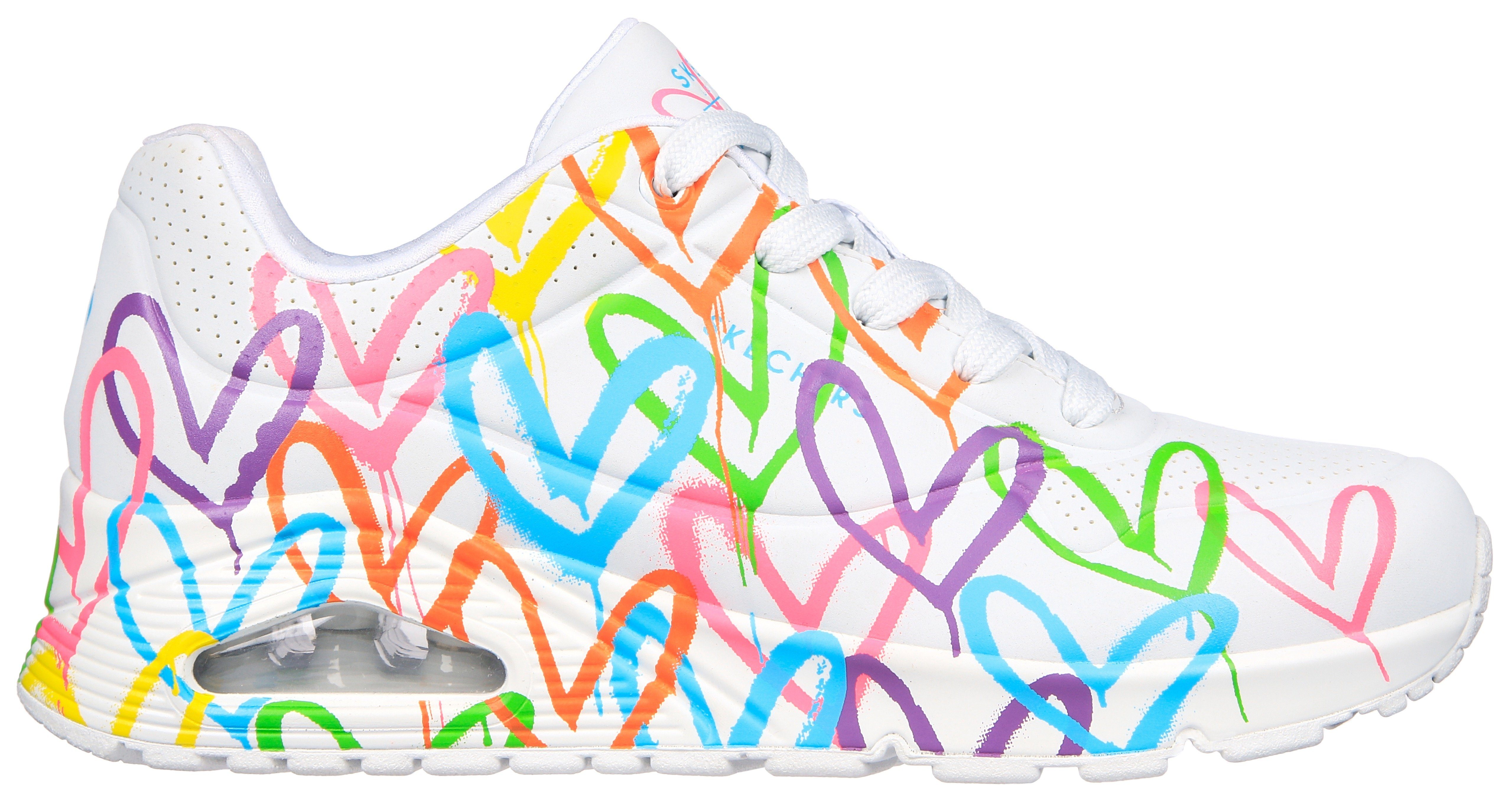 LOVE Skechers weiß-multi farbenfrohen - mit HIGHLIGHT UNO Herzchen-Print Sneaker