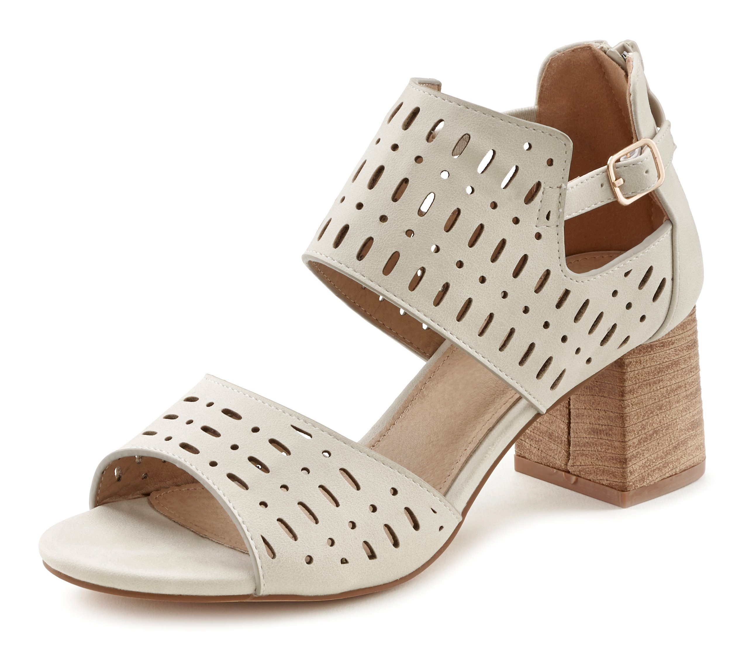 LASCANA Riemchensandalette Sandale, beige Blockabsatz Cut-Outs Sommerschuh und VEGAN mit