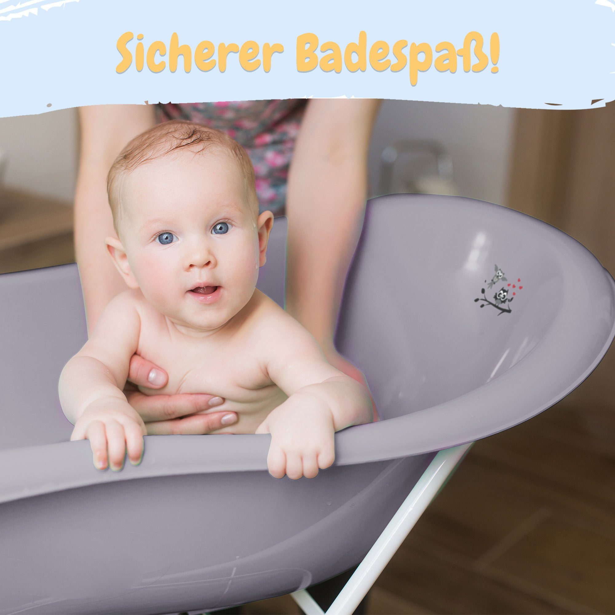Babykajo - TÜV Rheinland Eule 4-tlg), Wanne Wannensitz, mit Baby geprüft Schlau Ständer, grau (Set, Babybadewanne,