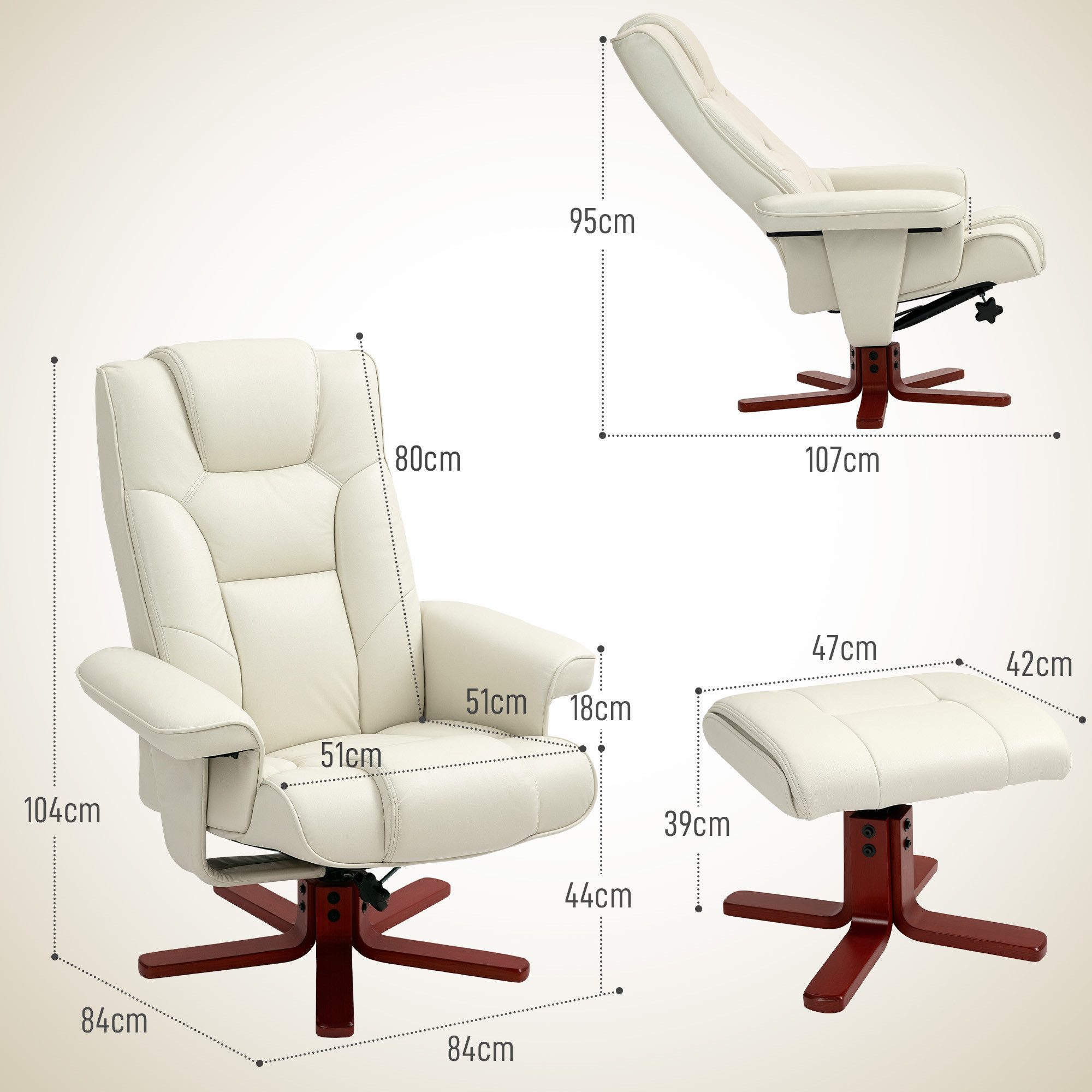 HOMCOM Relaxsessel Hocker, Fernsehsessel mit Liegefunktion, Wippfunktion (Gepolstert Liegesessel, 2-St., TV-Sessel), bis 150 kg, für Wohnzimmer, Kunstleder, Cremeweiß
