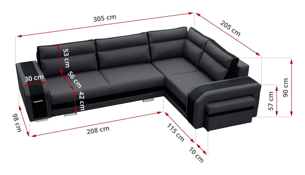 MKS MÖBEL Ecksofa L-Form Minibar Schlaffunktion - mit Dunkelgrau-schwarz Inari NASSAN, mit Hocker Couch und