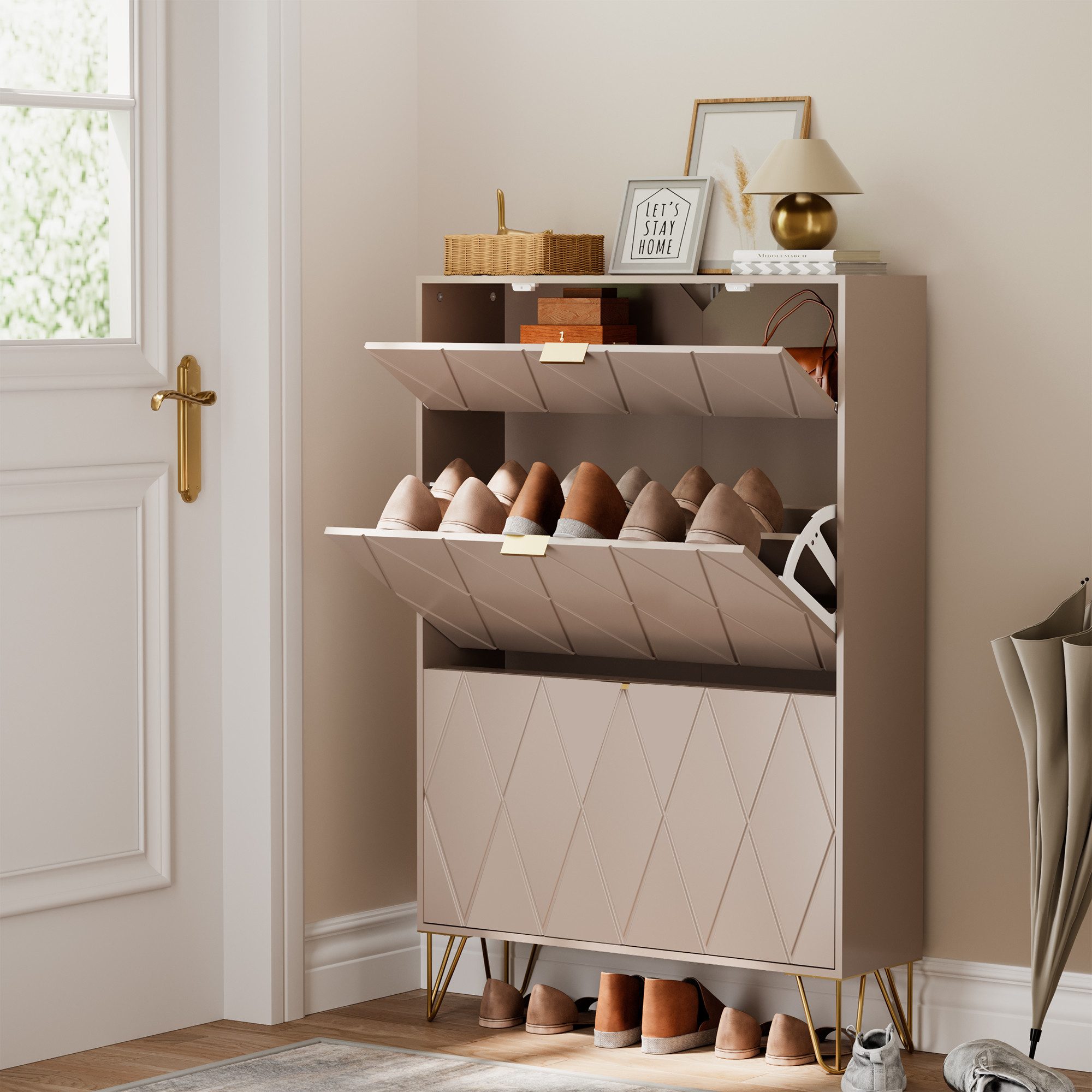 UEV Schuhschrank mit 2 Klappen Schuhregal Schuhkipper, Trennwände verstellbar (Schmal Schrank. Schuhkommode im Flur) B80 x T24 x H120 cm für 16 Paar Schuhe, Pla – Bild 4 von 5