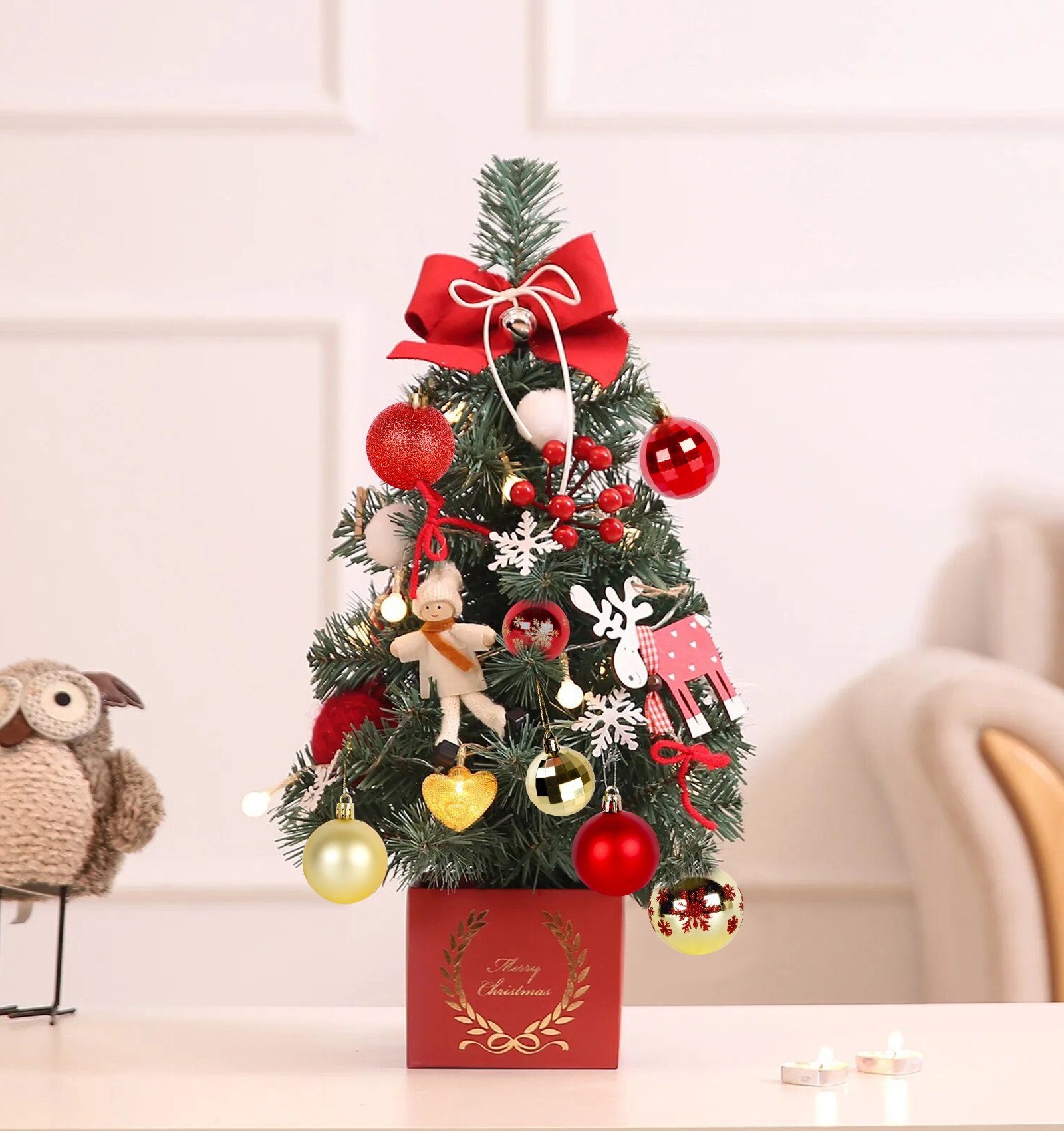 Homewit Christbaumschmuck für Weihnachtsbaumkugeln (48-tlg), Weihnachtsbaum Set Rot+Gold Weihnachtsbaumschmuck Kunststoff Dekoration Ornamente