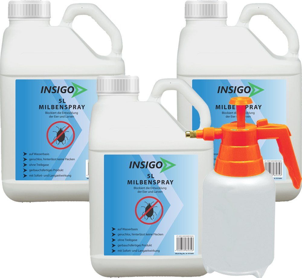 INSIGO Insektenspray Anti Milben-Spray brennt Langzeitwirkung Ungezieferspray, mit auf l, / nicht, 15 Wasserbasis, Milben-Mittel ätzt geruchsarm