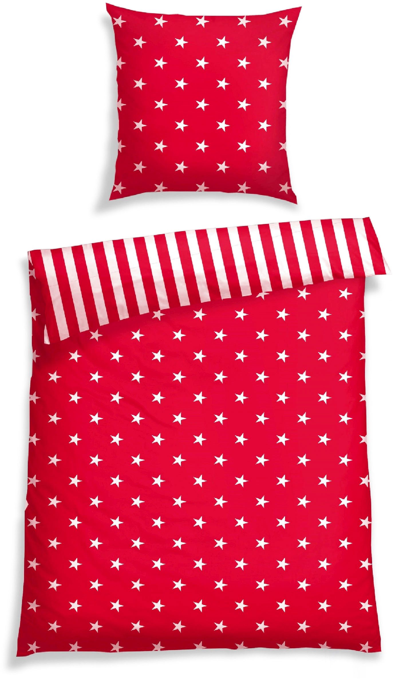 Schiesser Wendebettwäsche Stars & Stripes aus weicher Baumwolle mit Sternenprint, Feinbiber, 2 teilig, MADE IN GREEN by OEKO-TEX®-zertifiziert