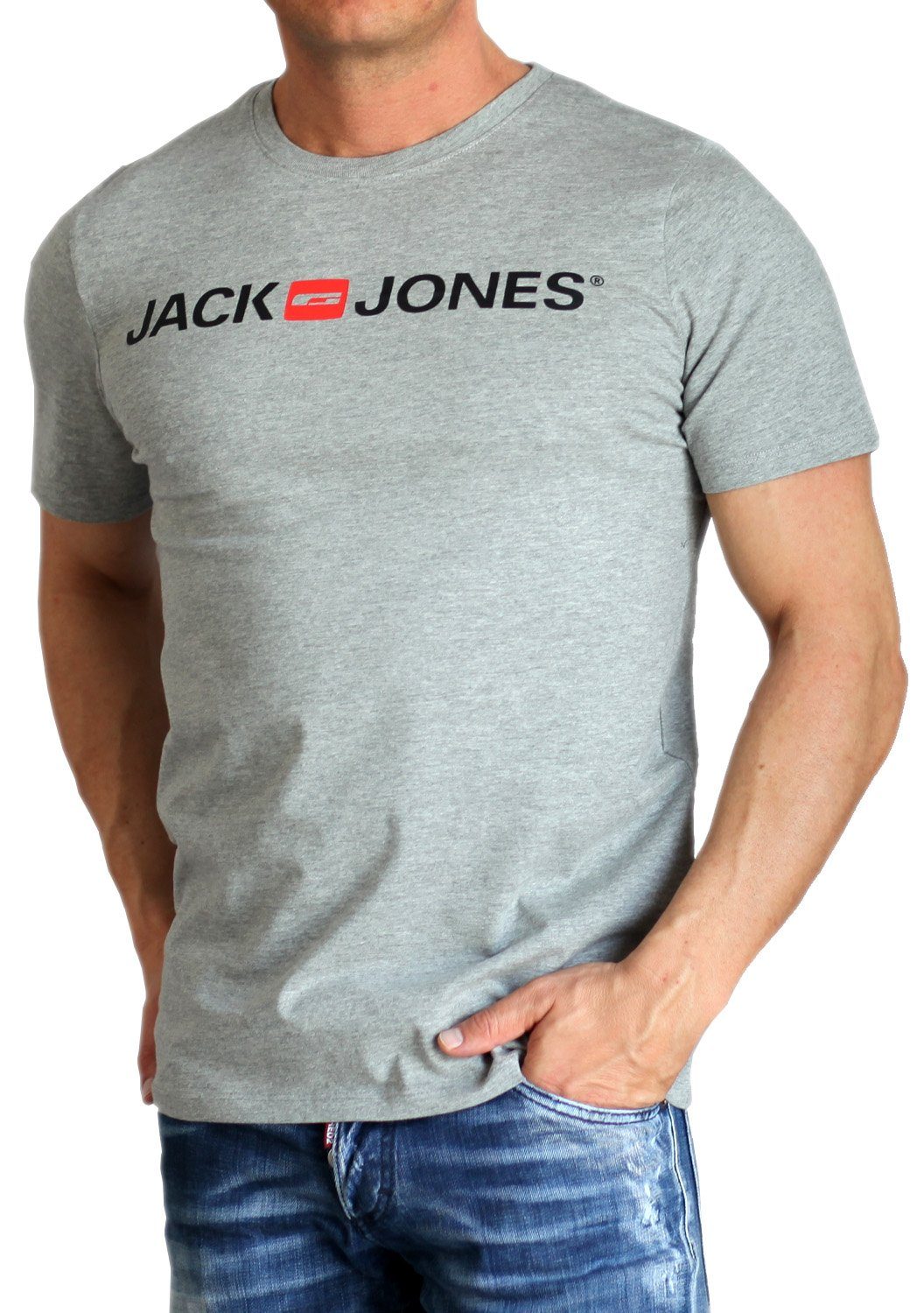 & mit Rundhalsausschnitt, Jones Baumwolle Print-Shirt Jack Grey Light aus