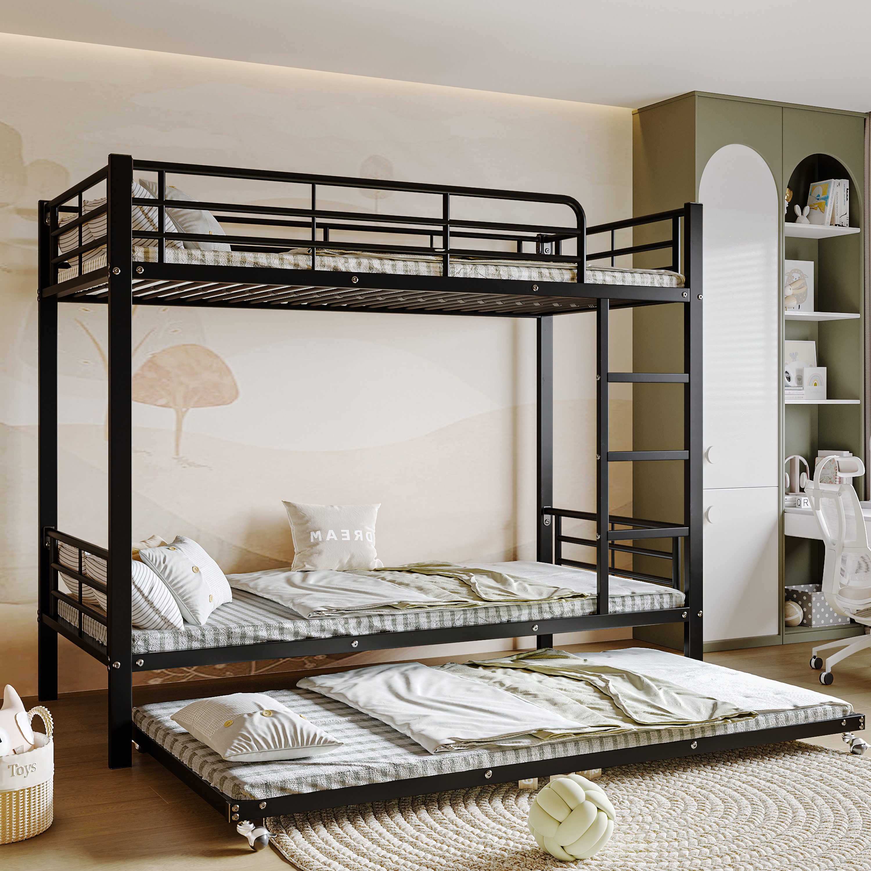 Flieks Etagenbett, Dreierbett Metallbett 90x200cm mit Leiter und Ausziehbett 90x190cm