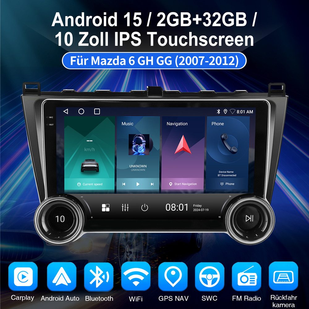 ESSGOO Für Mazda 6 GH GG 2007-2012 Android 15 Doppelknopf Autoradio (RDS, Digitalradio (DAB), FM, AM, Apple Carplay Android Auto SWC EQ BT)