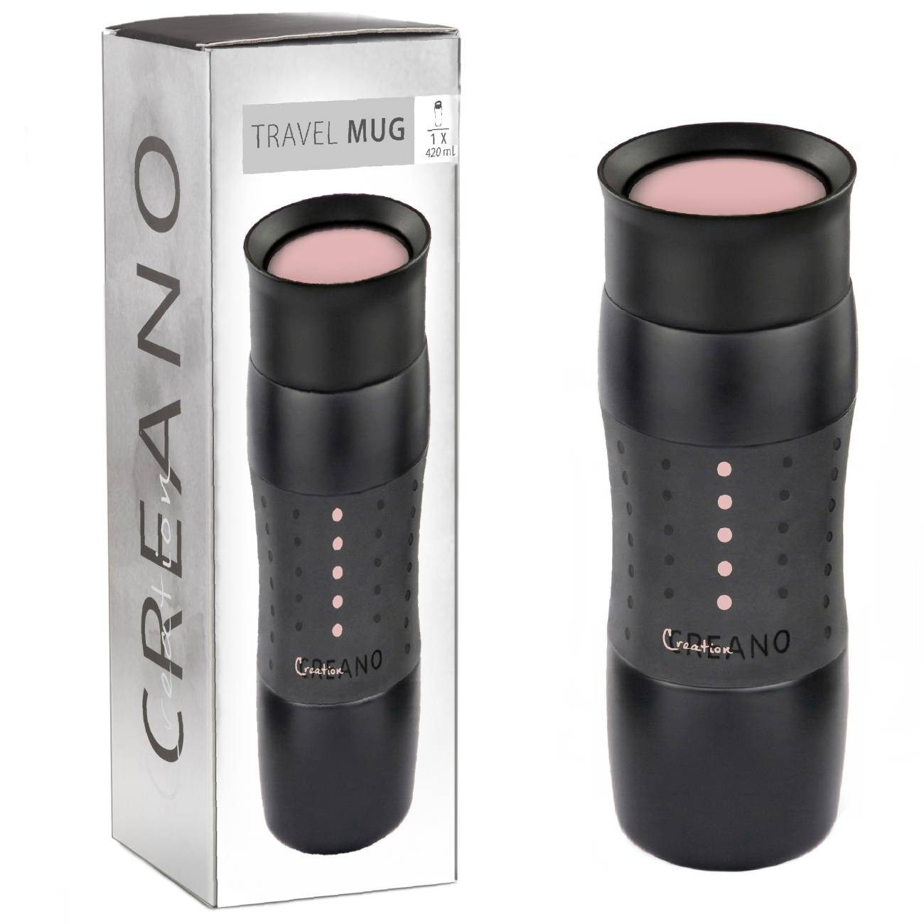 Creano Thermoflasche Thermobecher “Travel-Mug Rosa”, abnehmbare Öffnung für einache Reinigung