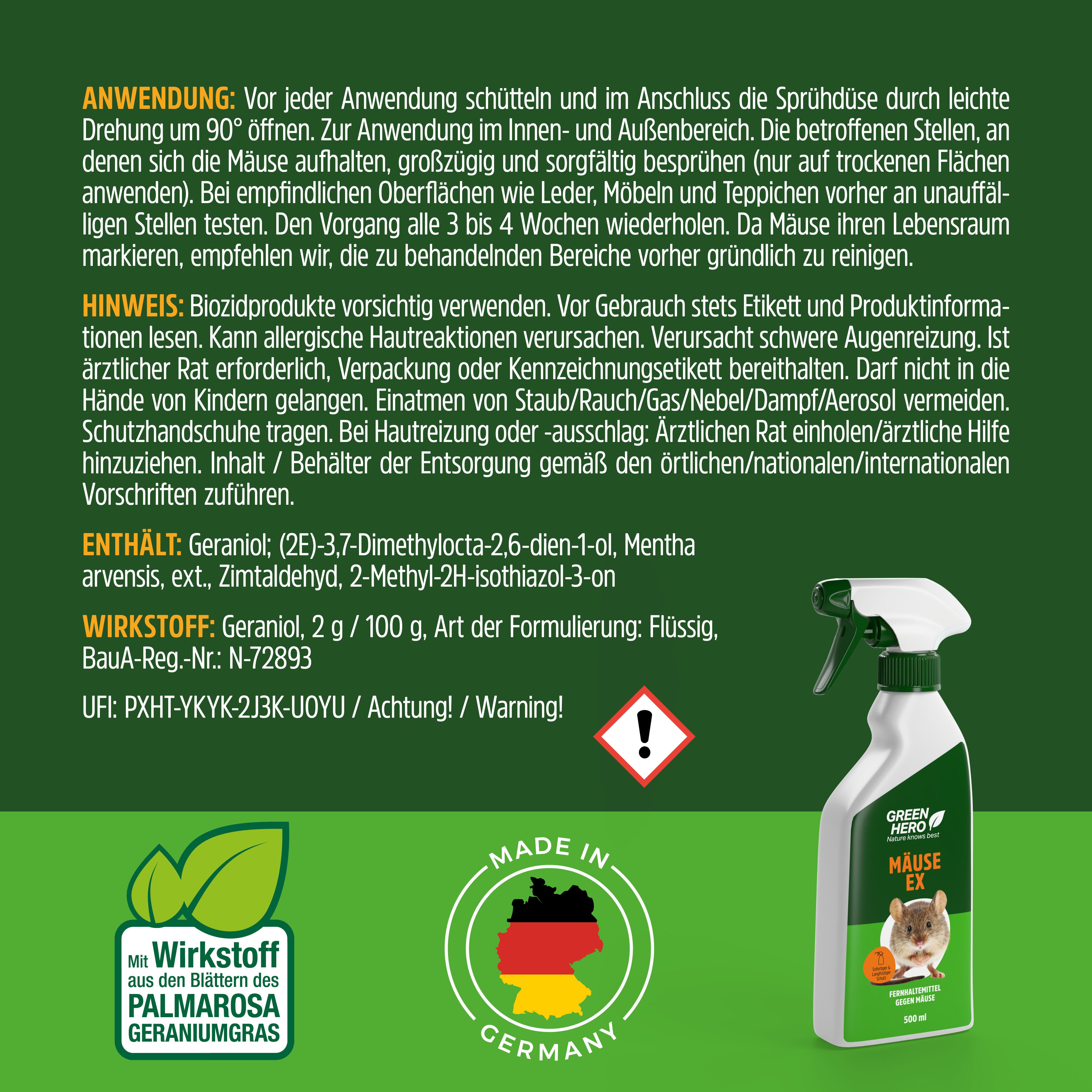 GreenHero Vergrämungsmittel Mäuse-Ex Spray zur Mäuseabwehr, 500 ml