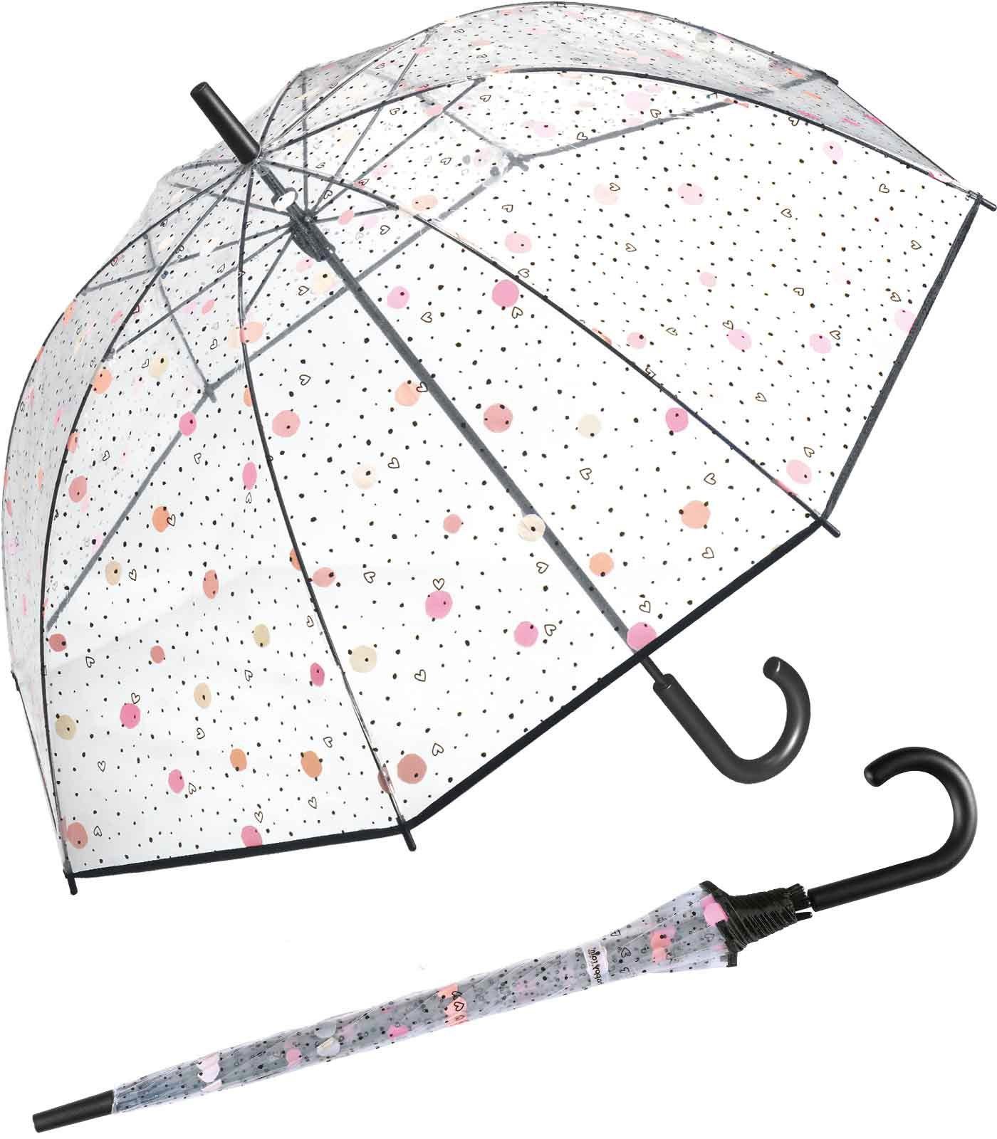 HAPPY RAIN Langregenschirm großer, transparenter Glockenschirm für Damen, bedruckt mit bunten Punkten und kleinen Herzen