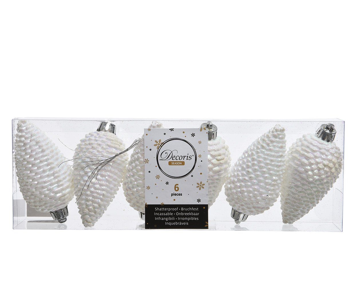 Kaemingk Christbaumschmuck, Christbaumschmuck Zapfen Kunststoff 8cm weiß irisierend, 6 Stück