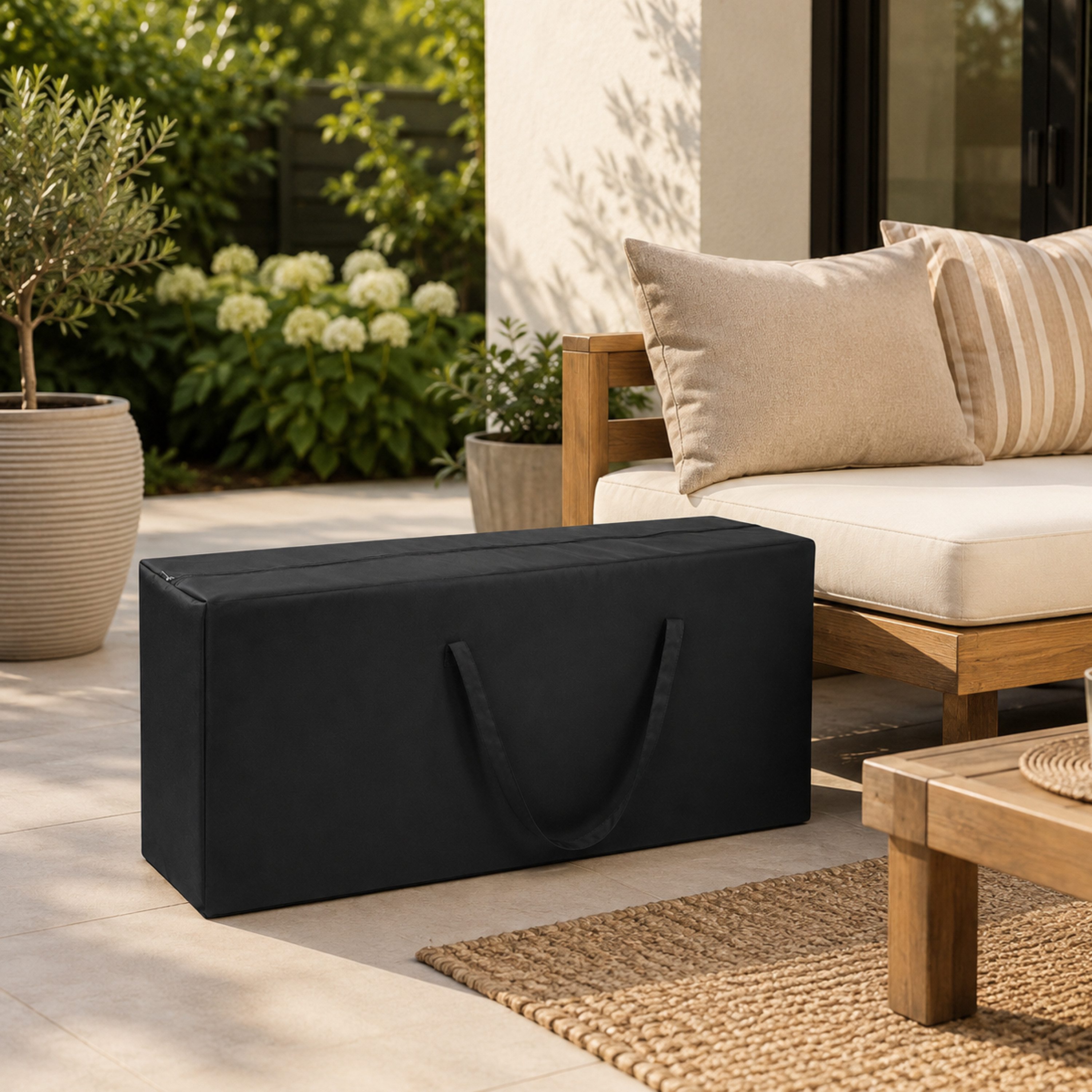 Herlag Gartenmöbel-Schutzhülle Polstertasche für Gartenauflagen (4-6 Stk), Hoch- & Niedriglehner, wetterfest & UV-beständig, 128×30×51cm, Schwarz
