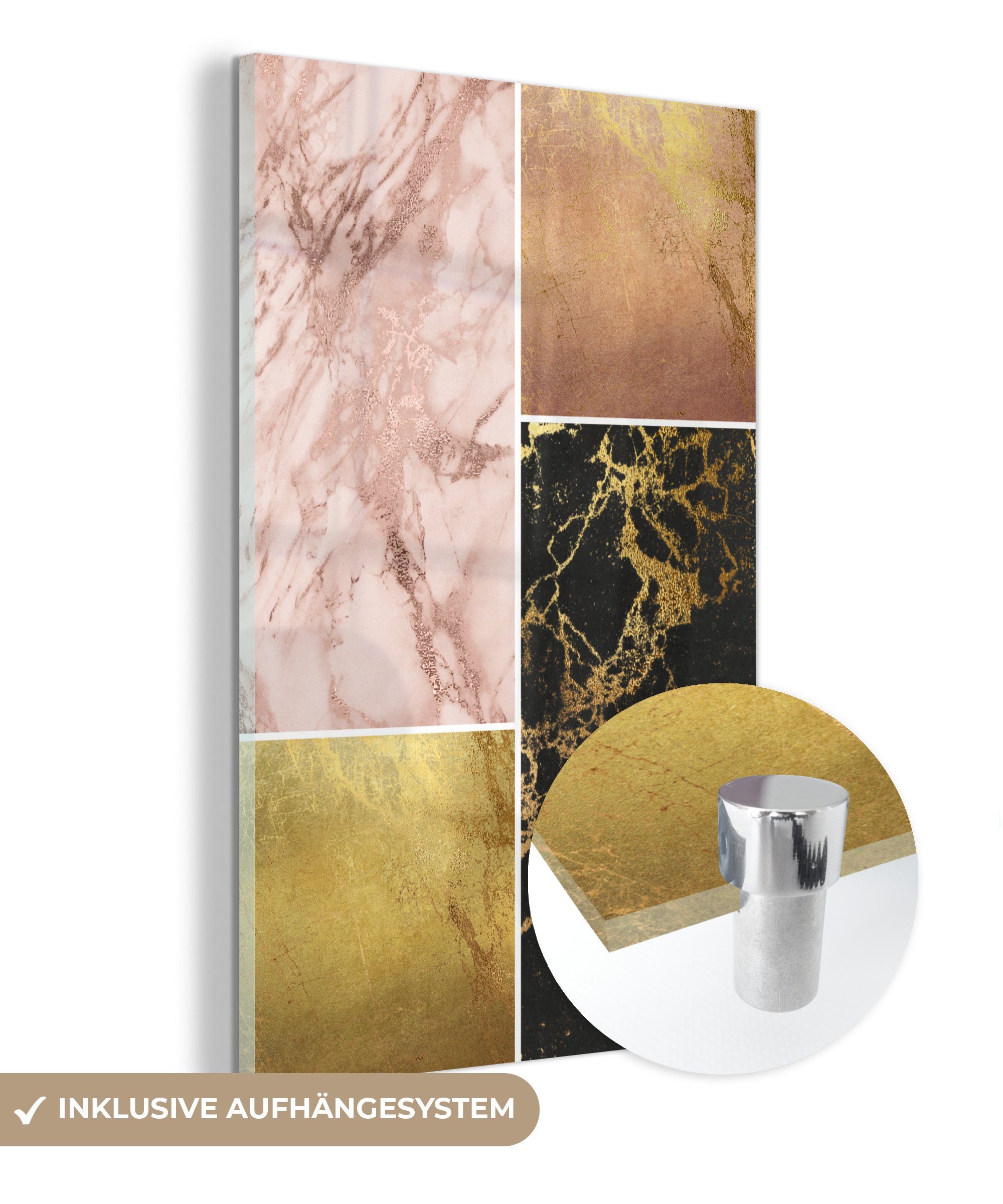 MuchoWow Acrylglasbild Marmor - Collage - Gold, (1 St), Glasbilder - Bilder auf Glas Wandbild - Foto auf Glas - Wanddekoration