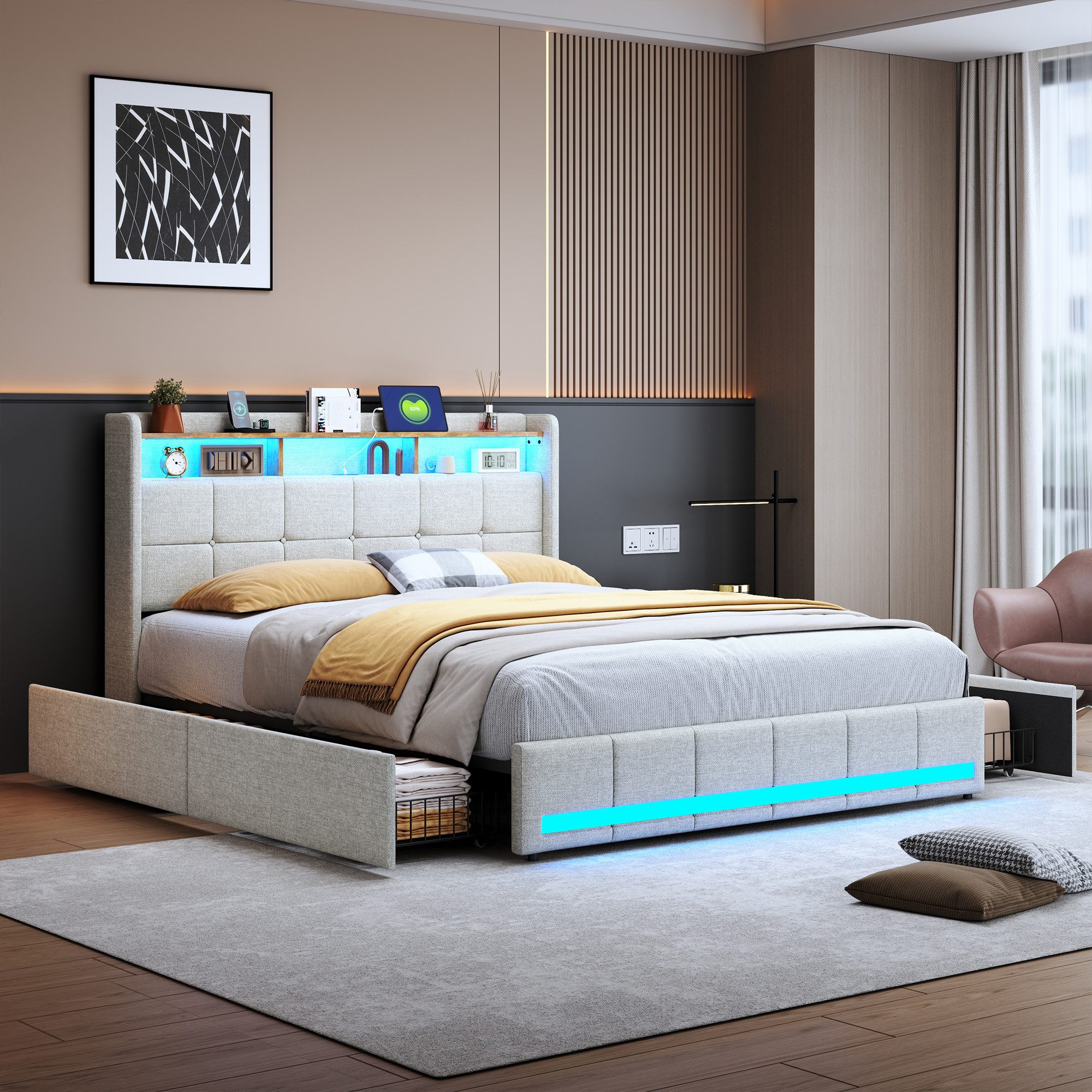 PXloue Funktionsbett Polsterbett Doppelbett, mit USB-Laden und Stauraum am günstig online kaufen