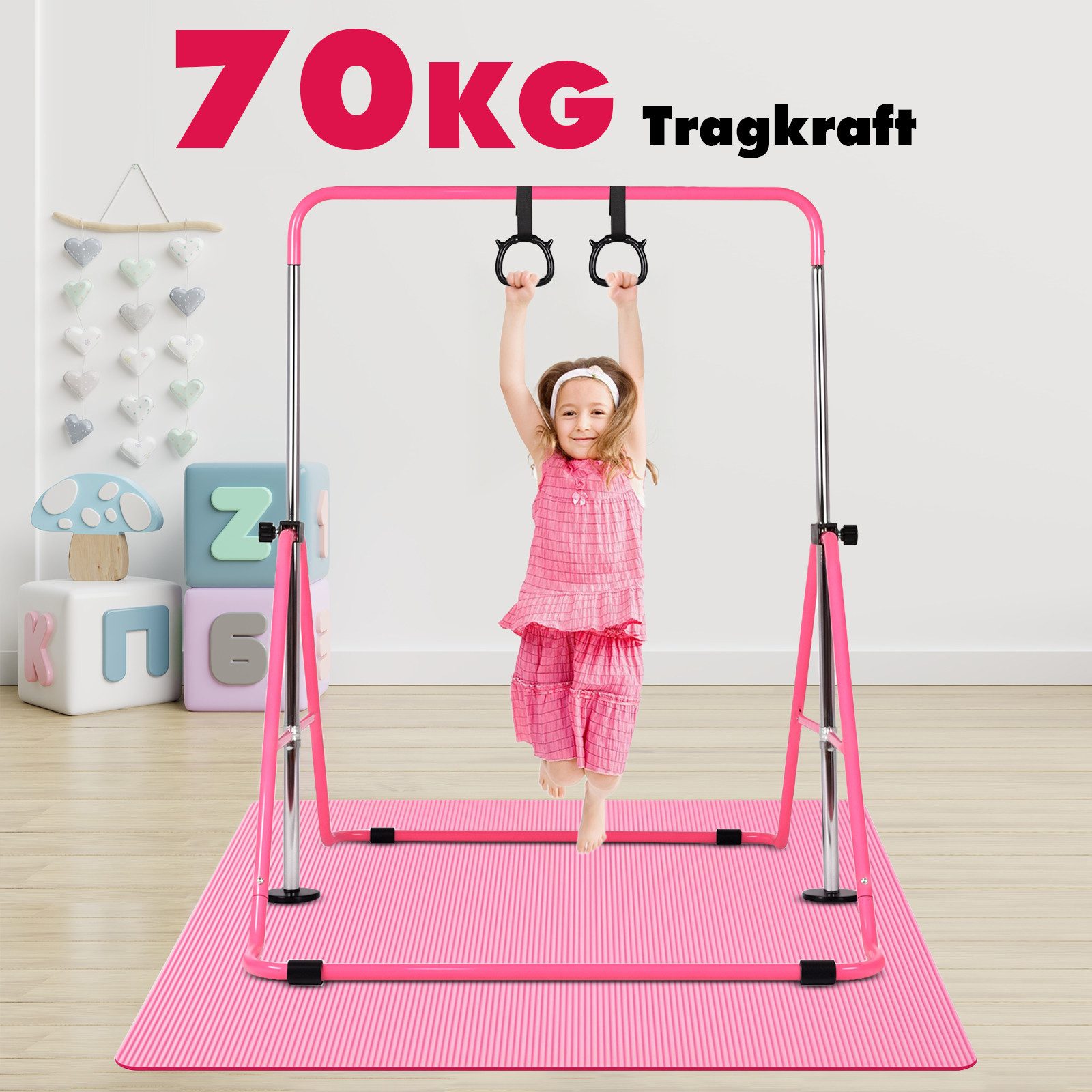 Hausright Turnreck Gymnastikstange für Kinder, Turnstange ab 3 Jahre, 88-128cm, (Gymnastikstange mit Gymnastikmatte, Reckstange, Matte, Polster, Schaukel & 2 Ringen), Verstellbaren Höhen Faltbare Reckstange Reckanlage