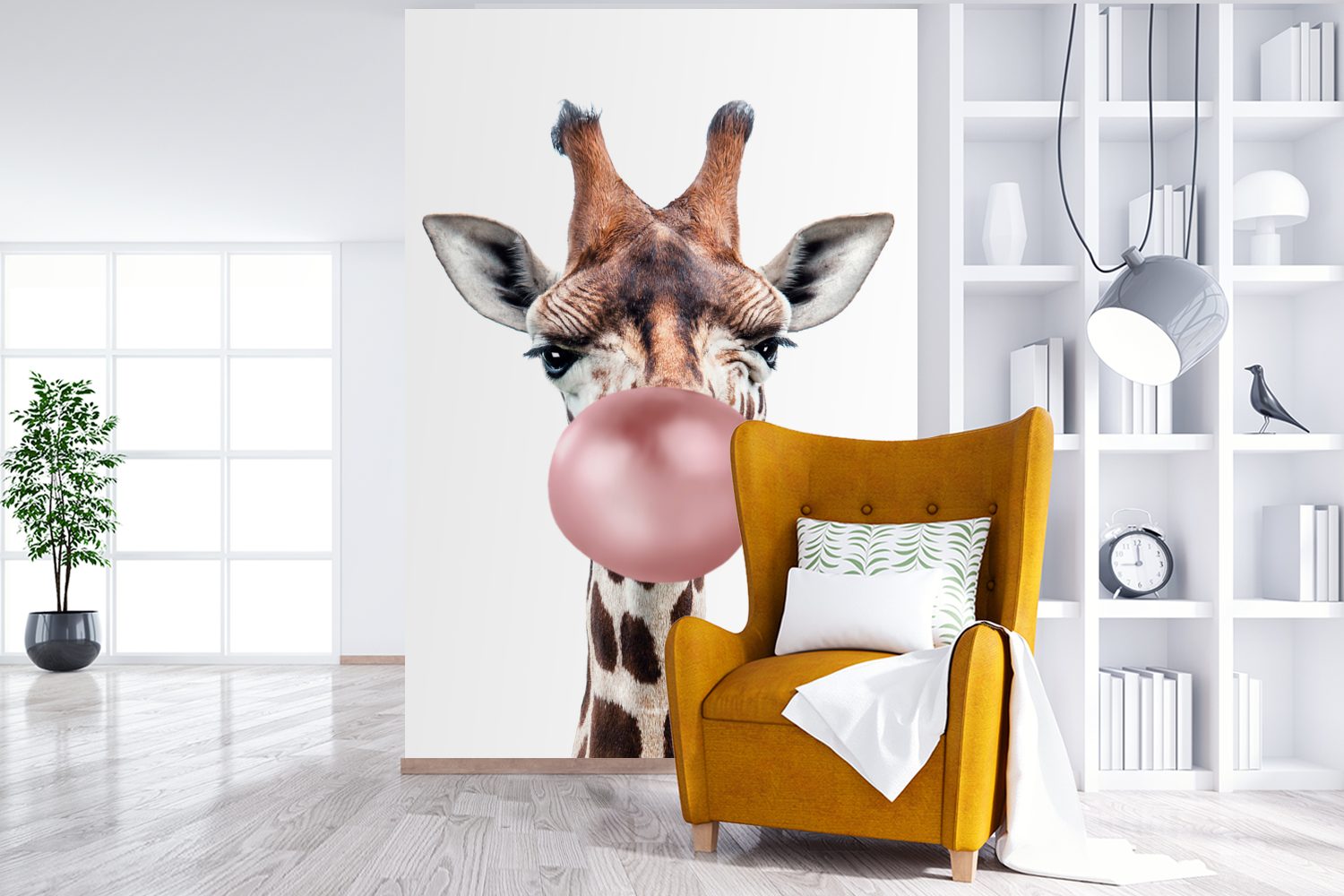 MuchoWow Fototapete Giraffe - Kaugummi Mädchen, bedruckt, - (3 Wandtapete - - Montagefertig Wohnzimmer, Junge Matt, Rosa St), für Kinder Tapete Vinyl 