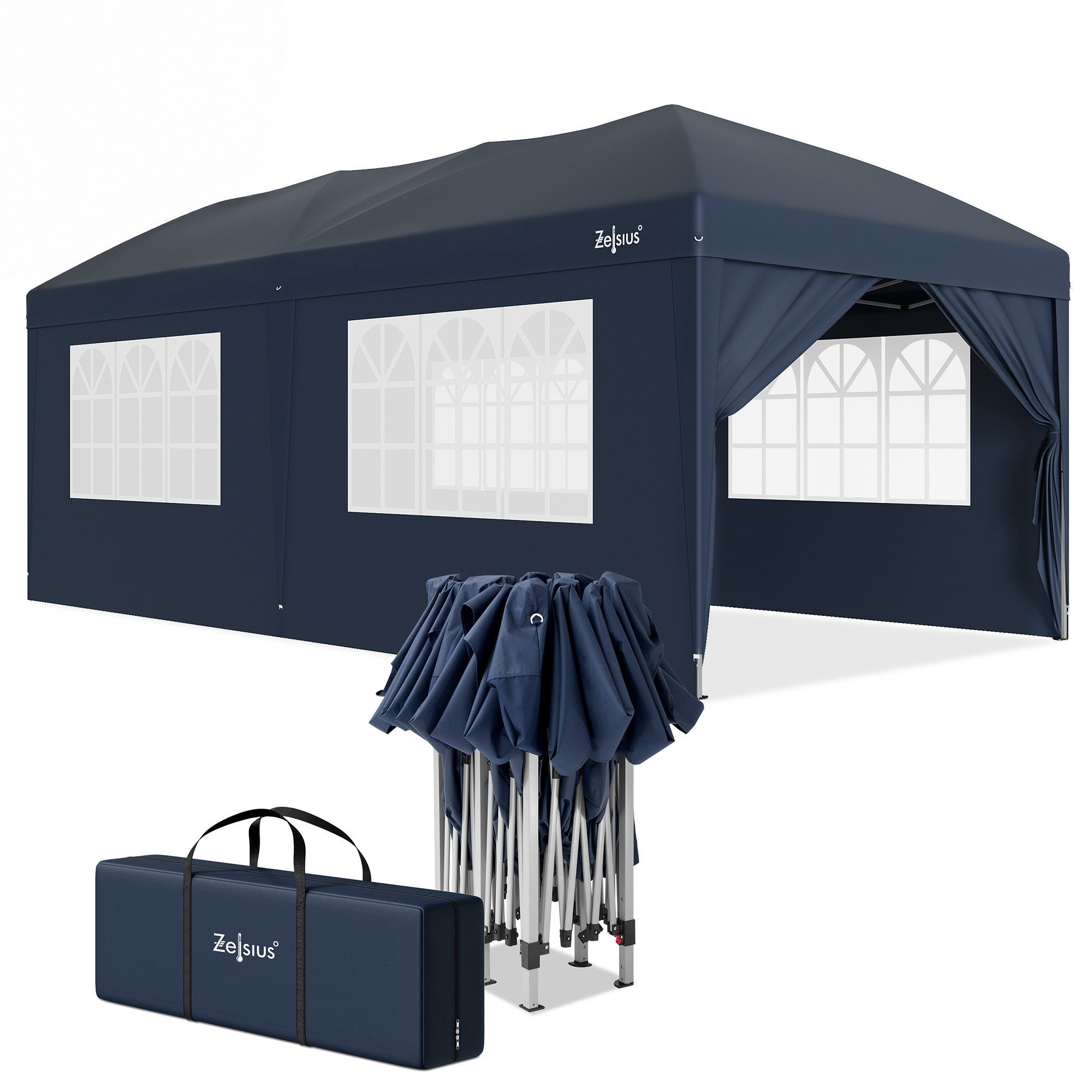 Zelsius Faltpavillon Faltbarer Pavillon 3x6 m mit Seitenwänden, Blau, Faltpavillon, Löcher in den Füßen zur sicheren Befestigung mit Heringen