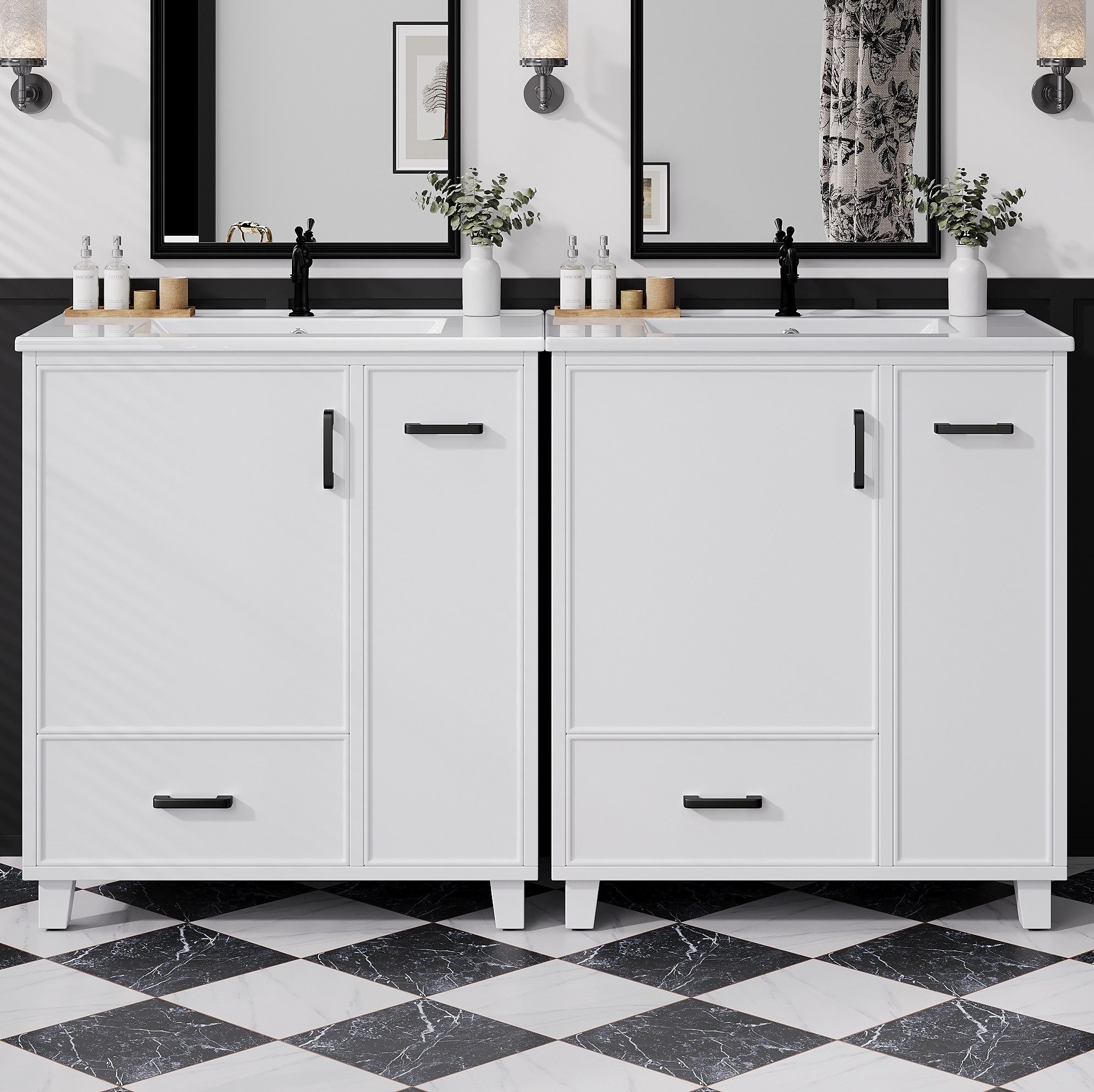 OKWISH Waschbeckenunterschrank Badezimmerschrank Badmöbel (76,5x47x82 cm mit integriertem Keramikwaschbecken, seitlichem Schubladenauszug mit 2 Ebenen und praktischem Türinnenfach) Badschrank