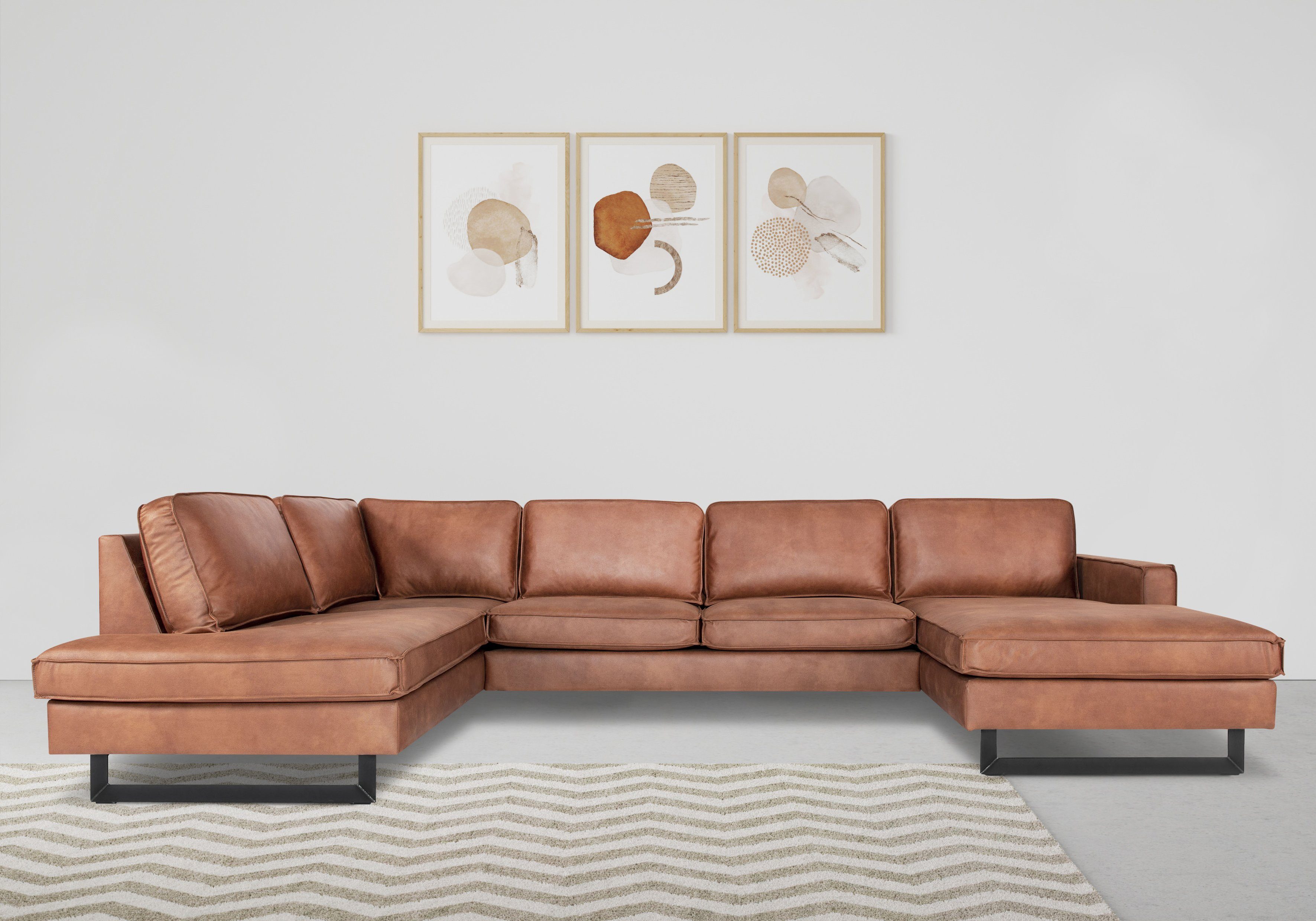 Places of Style Wohnlandschaft Pinto, 350 cm, U-Form, XXL, mit Ottomanen, Cord, Chenille, Lederoptik, mit Keder, Metallfüße, Wellenunterfederung